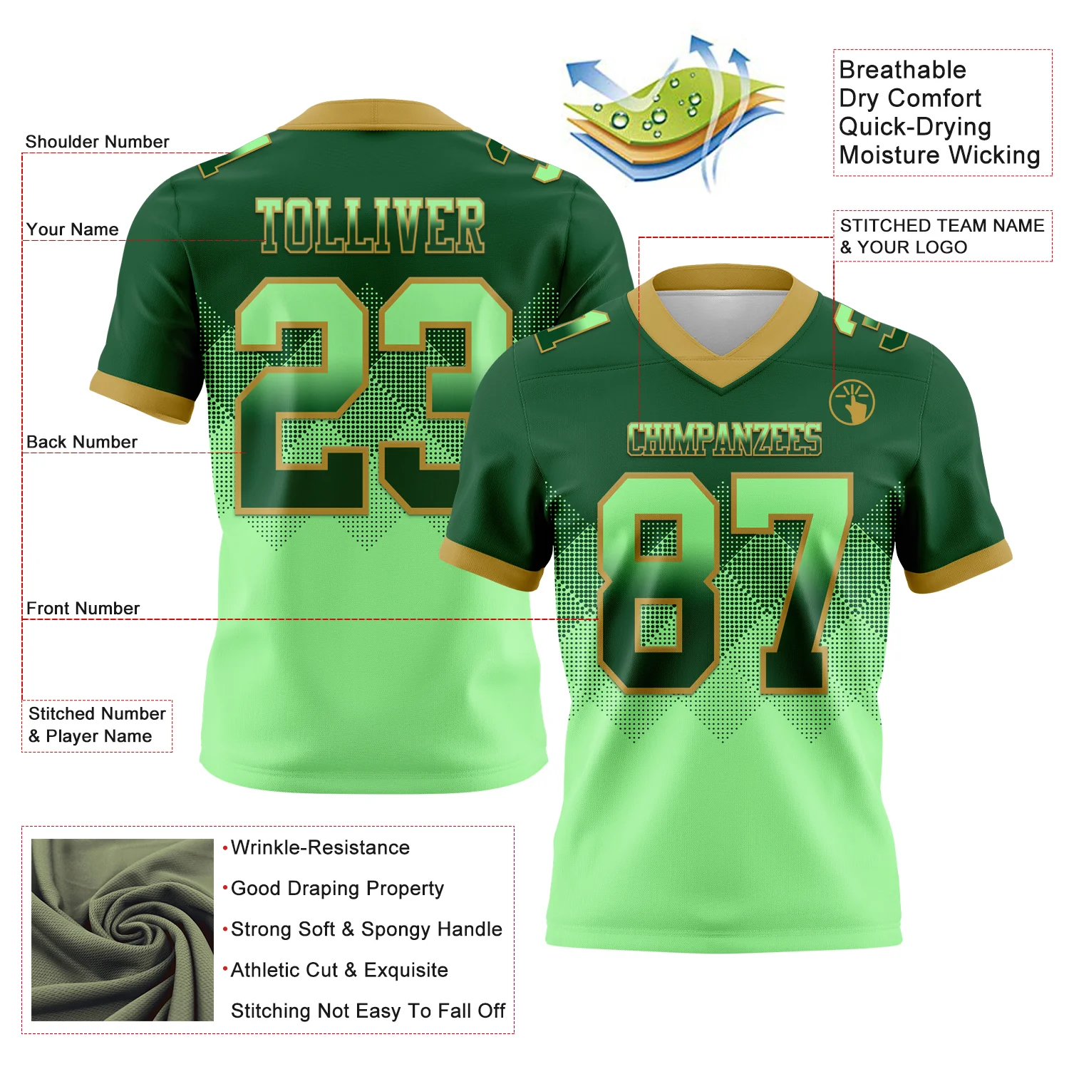 Custom Green Pea Green-Old Gold Authentic Gradient Square Shape Flag Football Jersey
