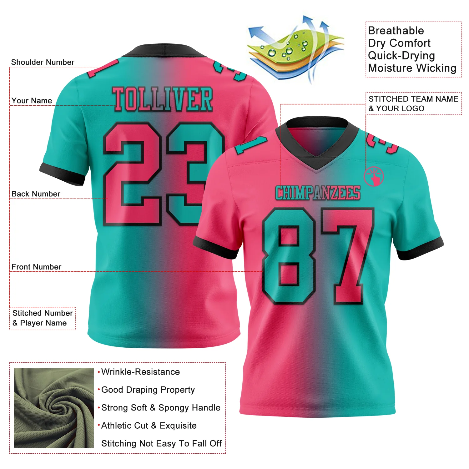 Custom Aqua Neon Pink-Black Authentic Gradient Fashion Football Jersey