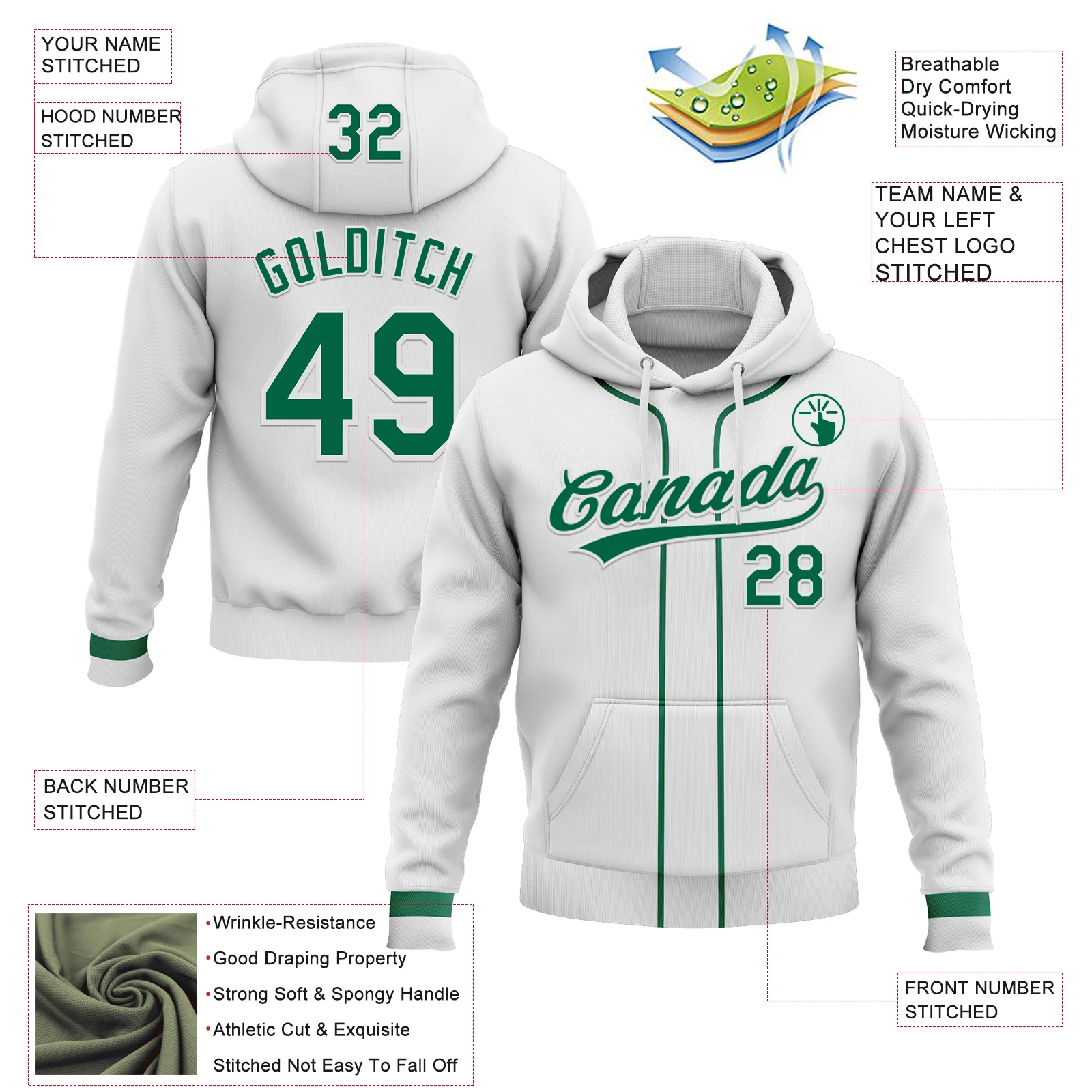 Custom Stitched White Kelly Green-White Baseball Pullover Sweatshirt Hoodie