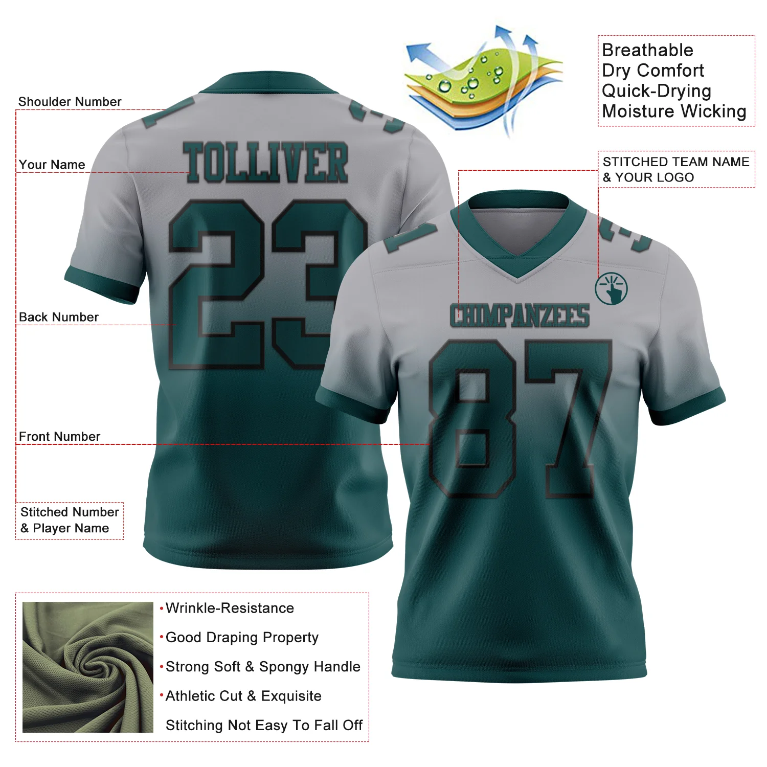 Custom Gray Midnight Green-Black Authentic Fade Fashion Football Jersey