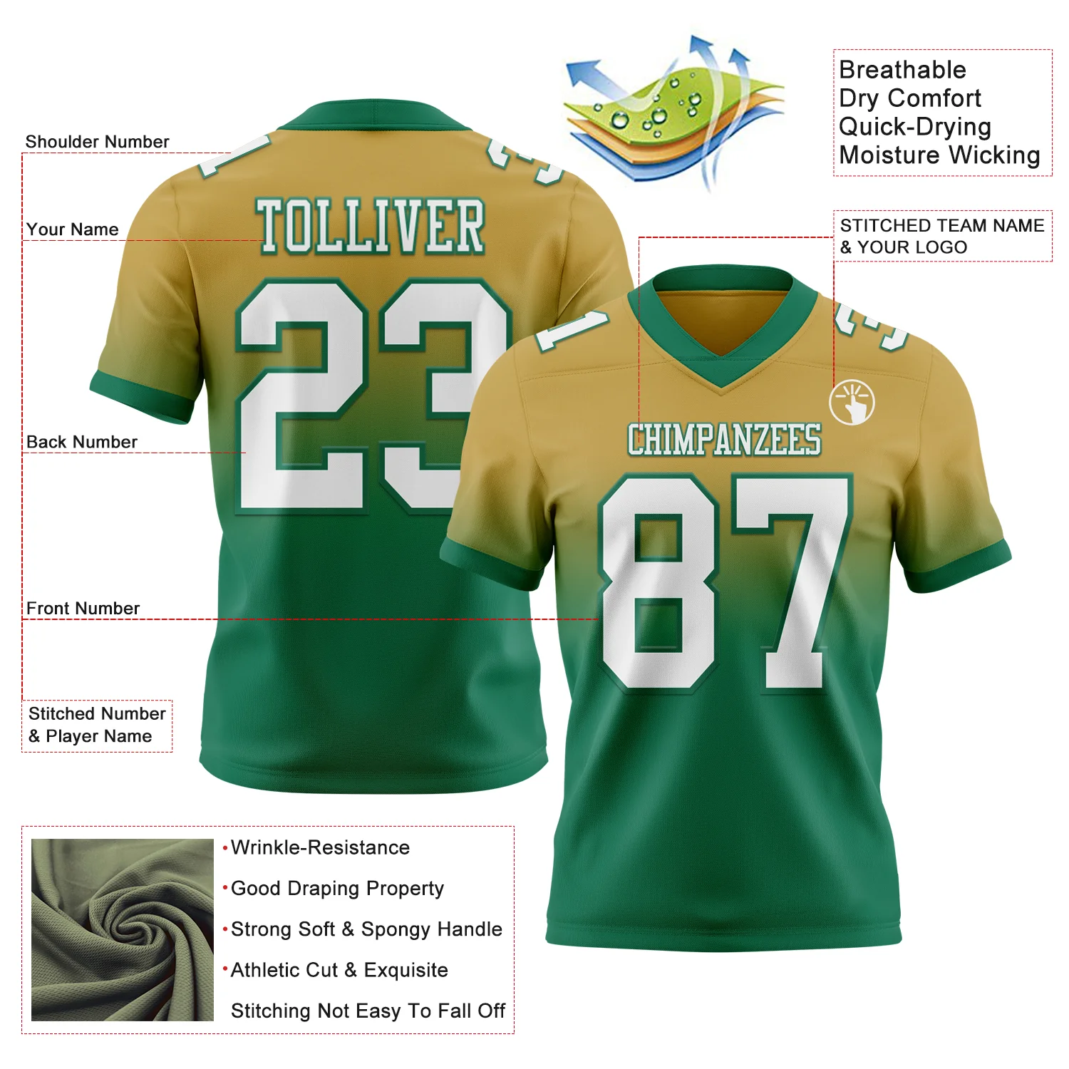 Custom Old Gold White-Kelly Green Authentic Fade Fashion Football Jersey