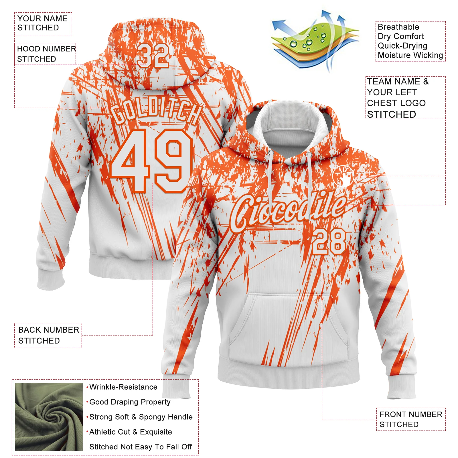 Custom Stitched White Orange 3D Pattern Design Splash Grunge Art Sports Pullover Sweatshirt Hoodie