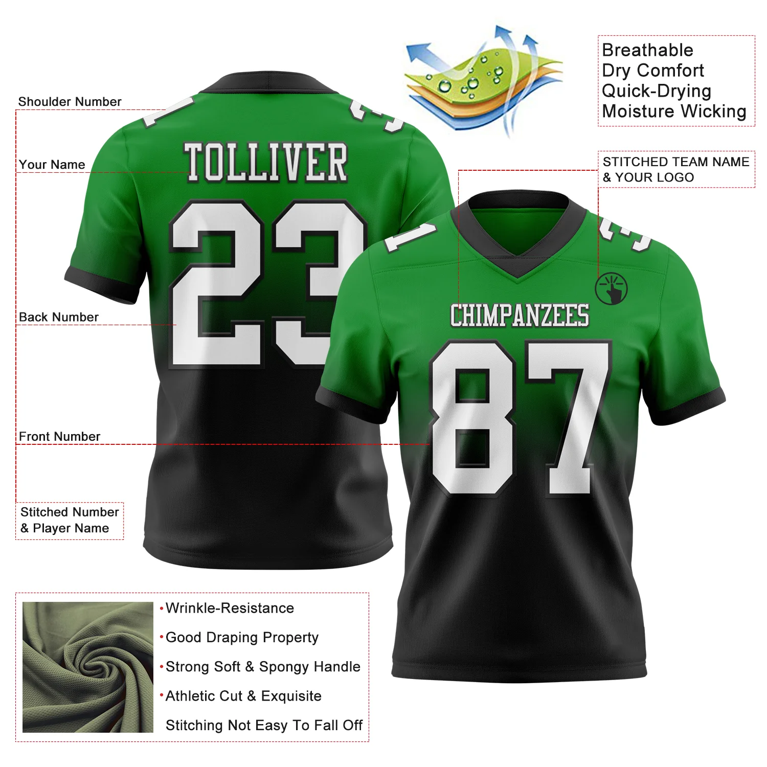 Custom Grass Green White-Black Authentic Fade Fashion Football Jersey