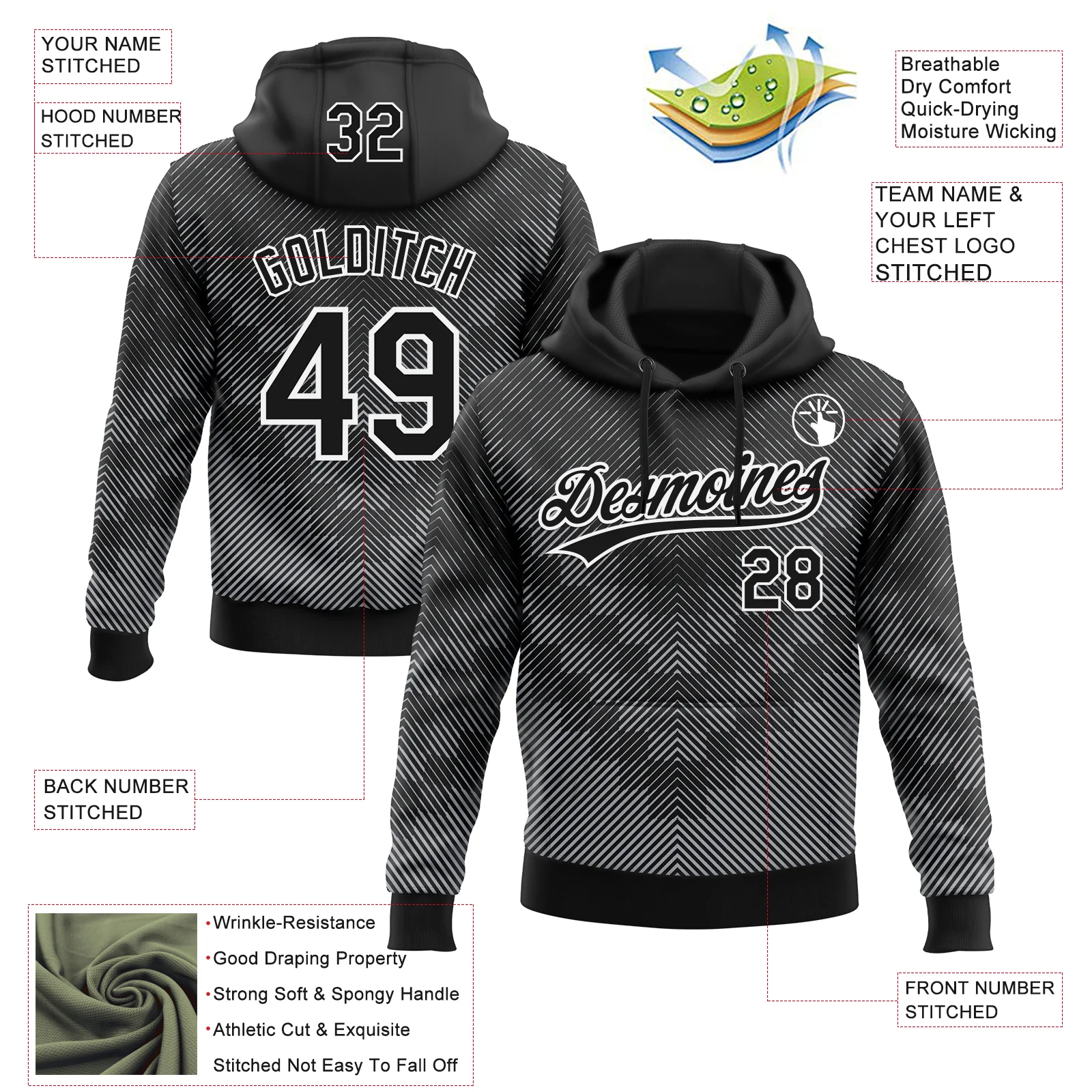 Custom Stitched Black White 3D Pattern Design Line Sportswear Pullover Sweatshirt Hoodie