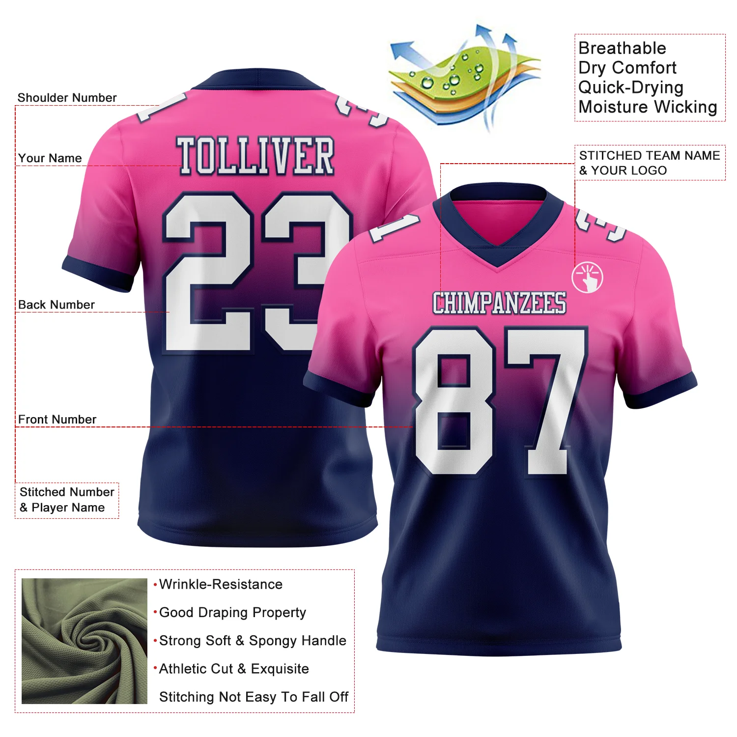Custom Pink White-Navy Authentic Fade Fashion Football Jersey