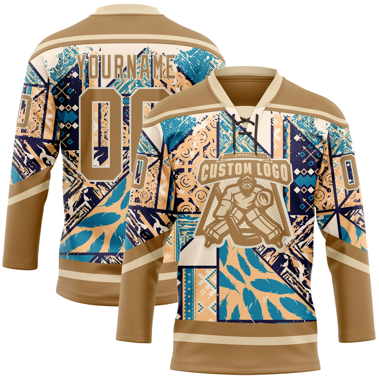 Custom Old Gold Blue-Cream 3D Pattern Tribal Indigenous Grunge Geometric Splash Hockey Lace Neck Jersey