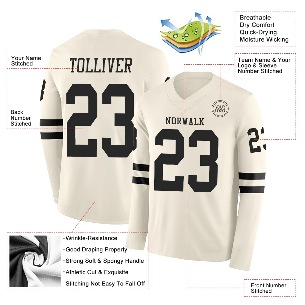 Custom Cream Black Long Sleeve Authentic Football Jersey
