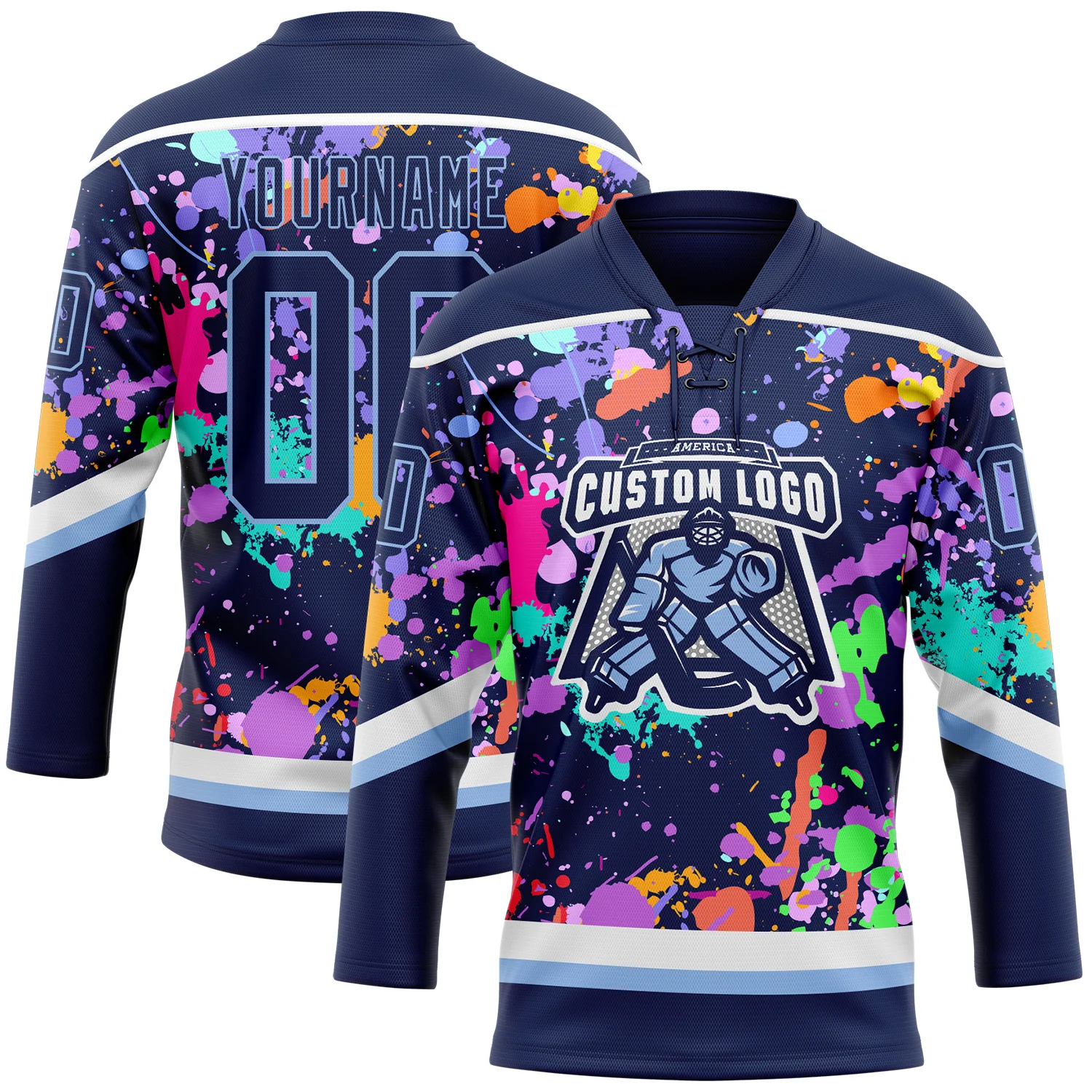 Custom Graffiti Pattern Navy Light Blue-White 3D Pattern Splash Art Hockey Lace Neck Jersey