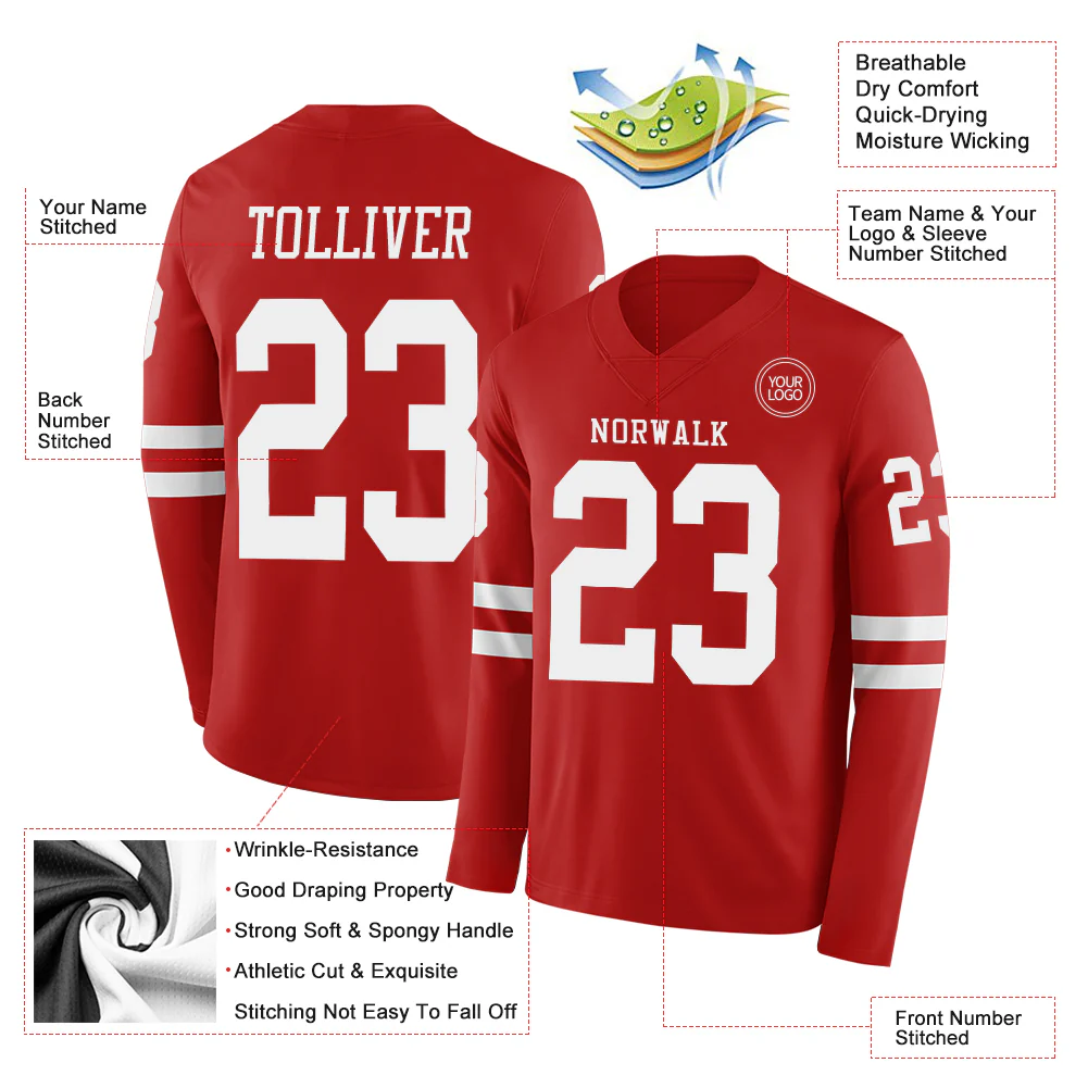 Custom Red White Long Sleeve Authentic Football Jersey