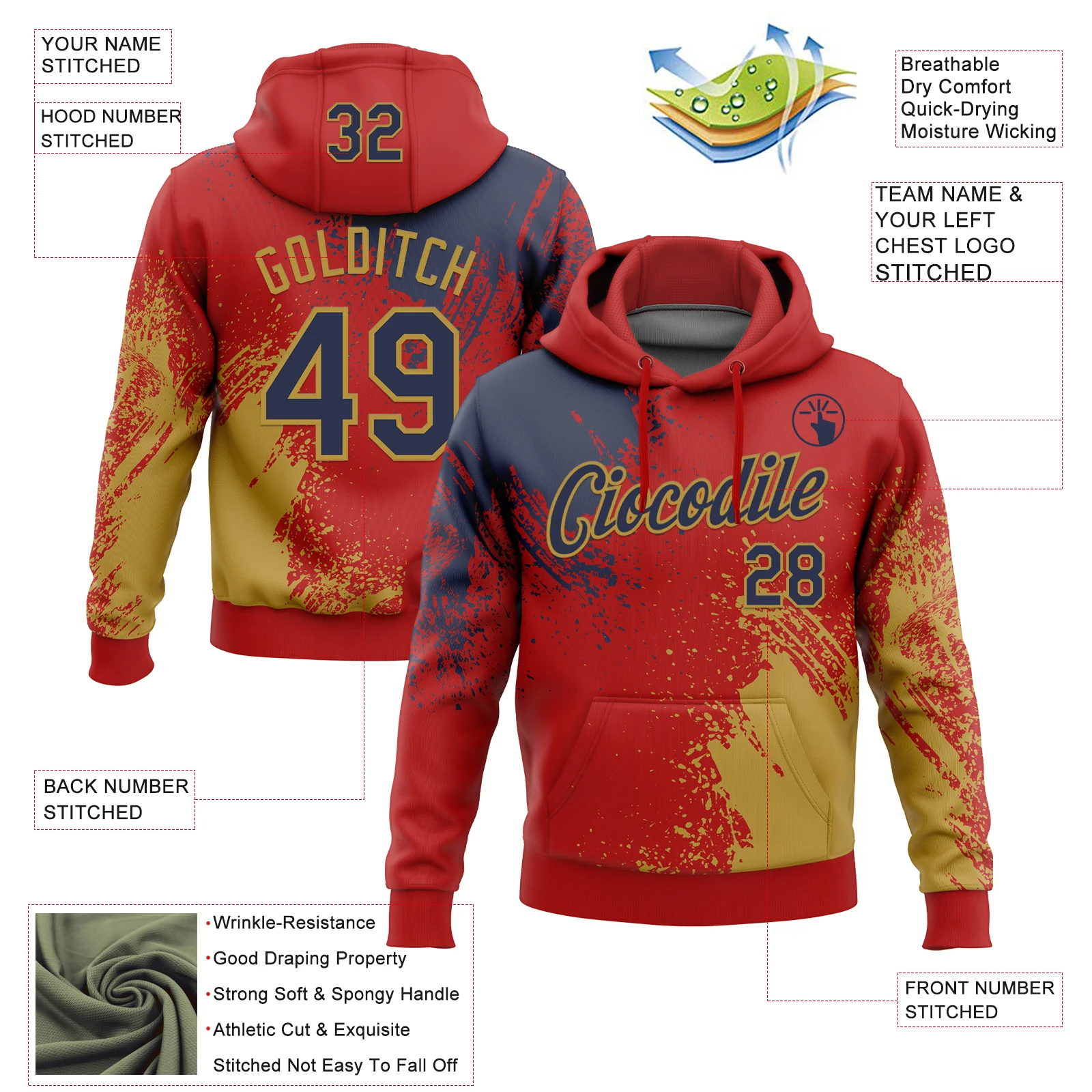 Custom Stitched Red Navy-Old Gold 3D Pattern Design Abstract Brush Stroke Sports Pullover Sweatshirt Hoodie