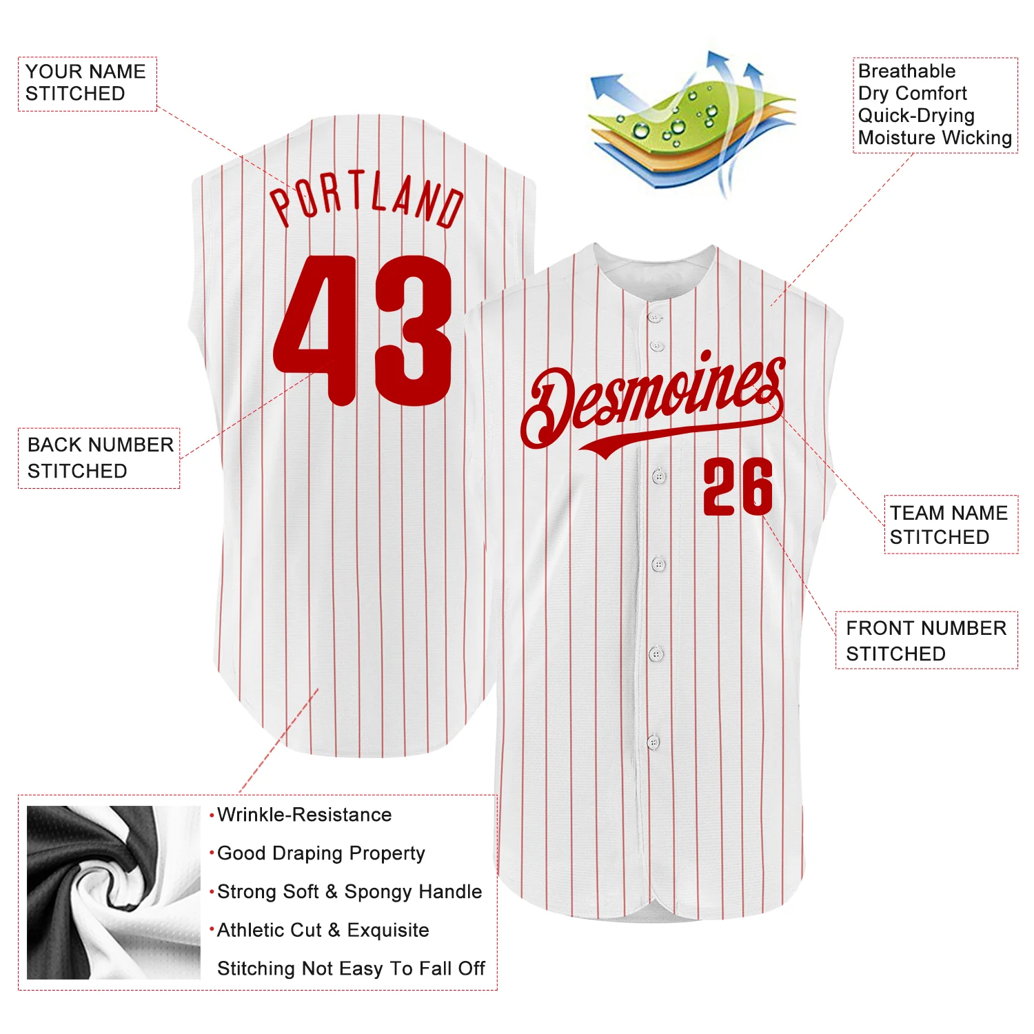 Custom White Red Pinstripe Red Authentic Sleeveless Baseball Jersey