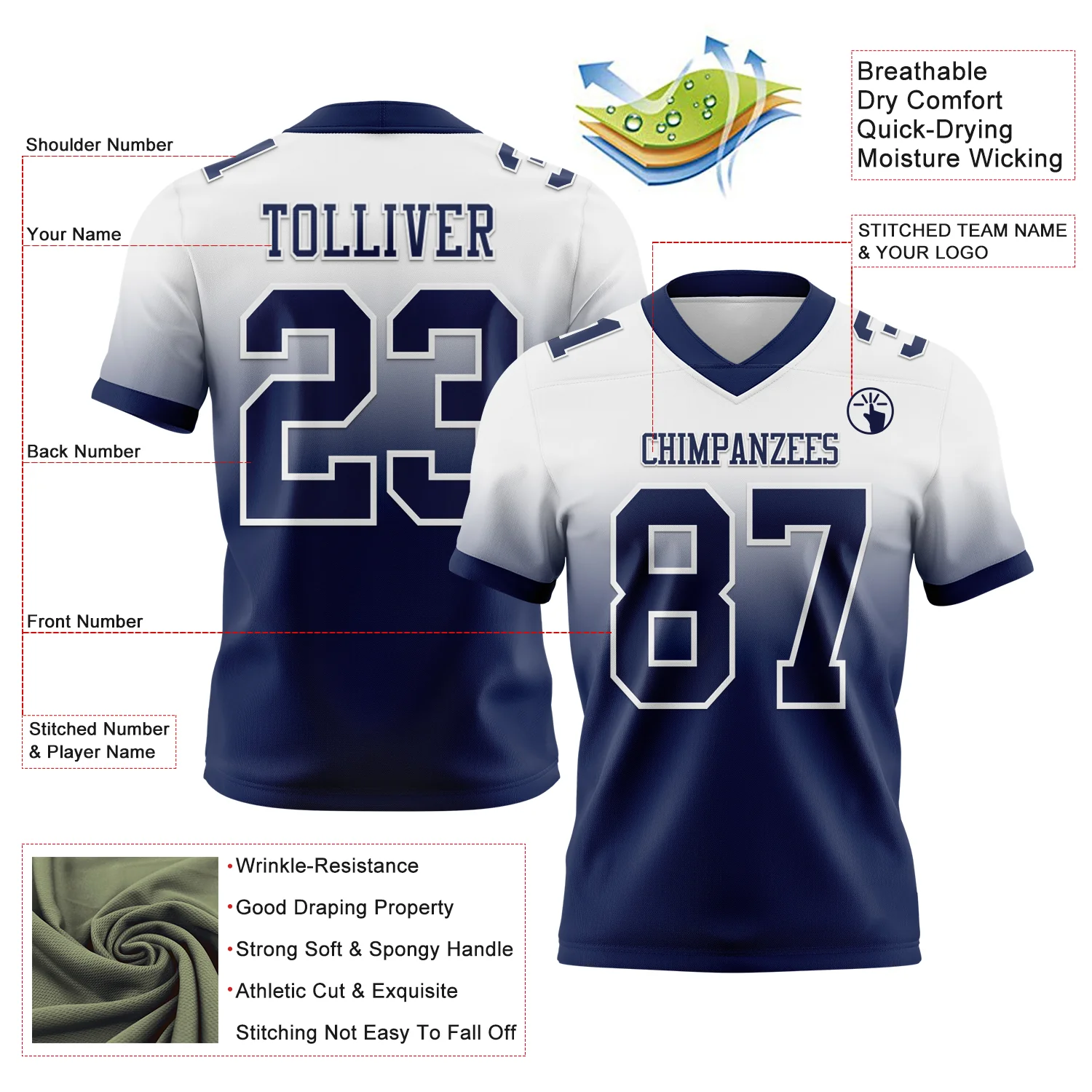 Custom White Navy Authentic Fade Fashion Football Jersey
