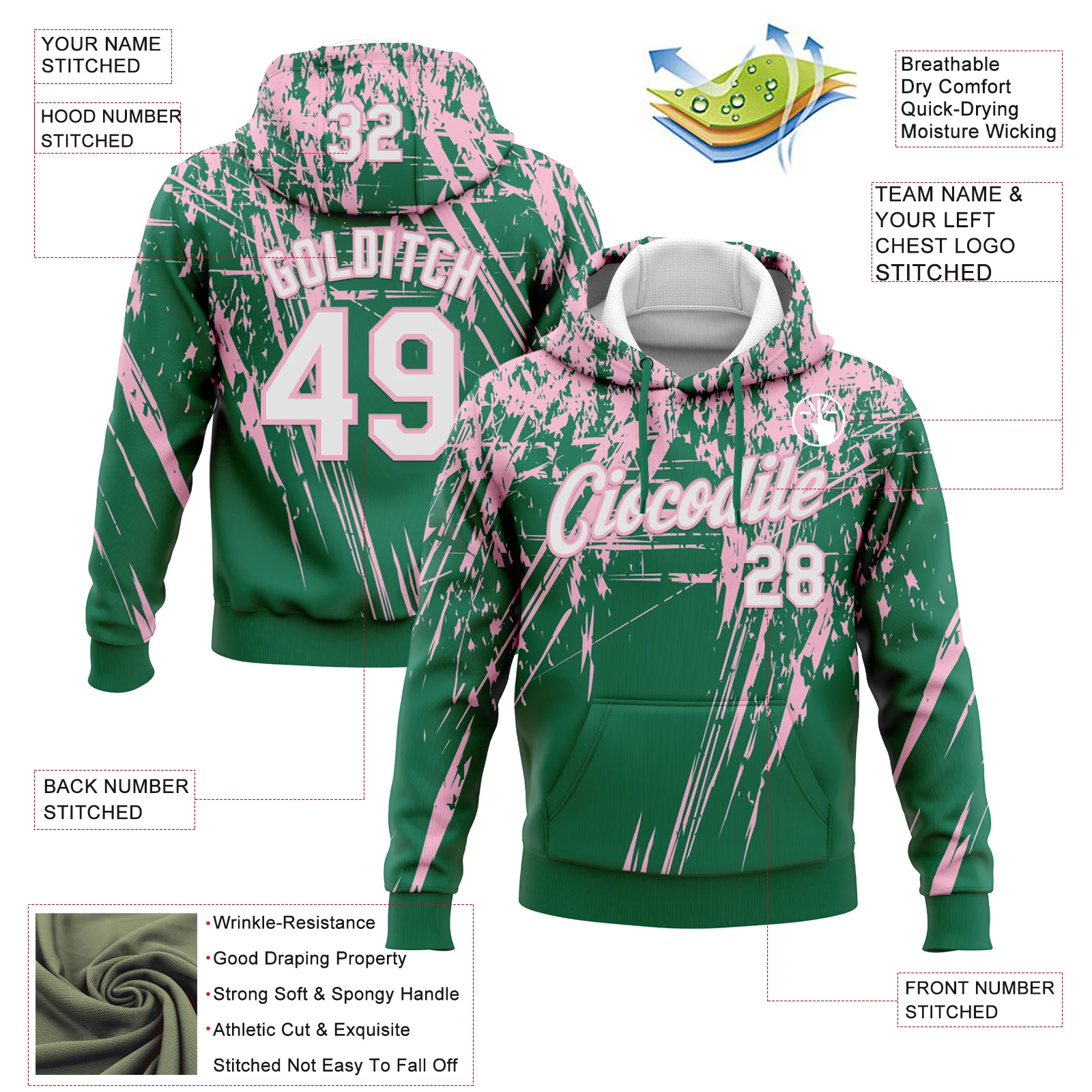Custom Stitched Kelly Green White-Light Pink 3D Pattern Design Splash Grunge Art Sports Pullover Sweatshirt Hoodie