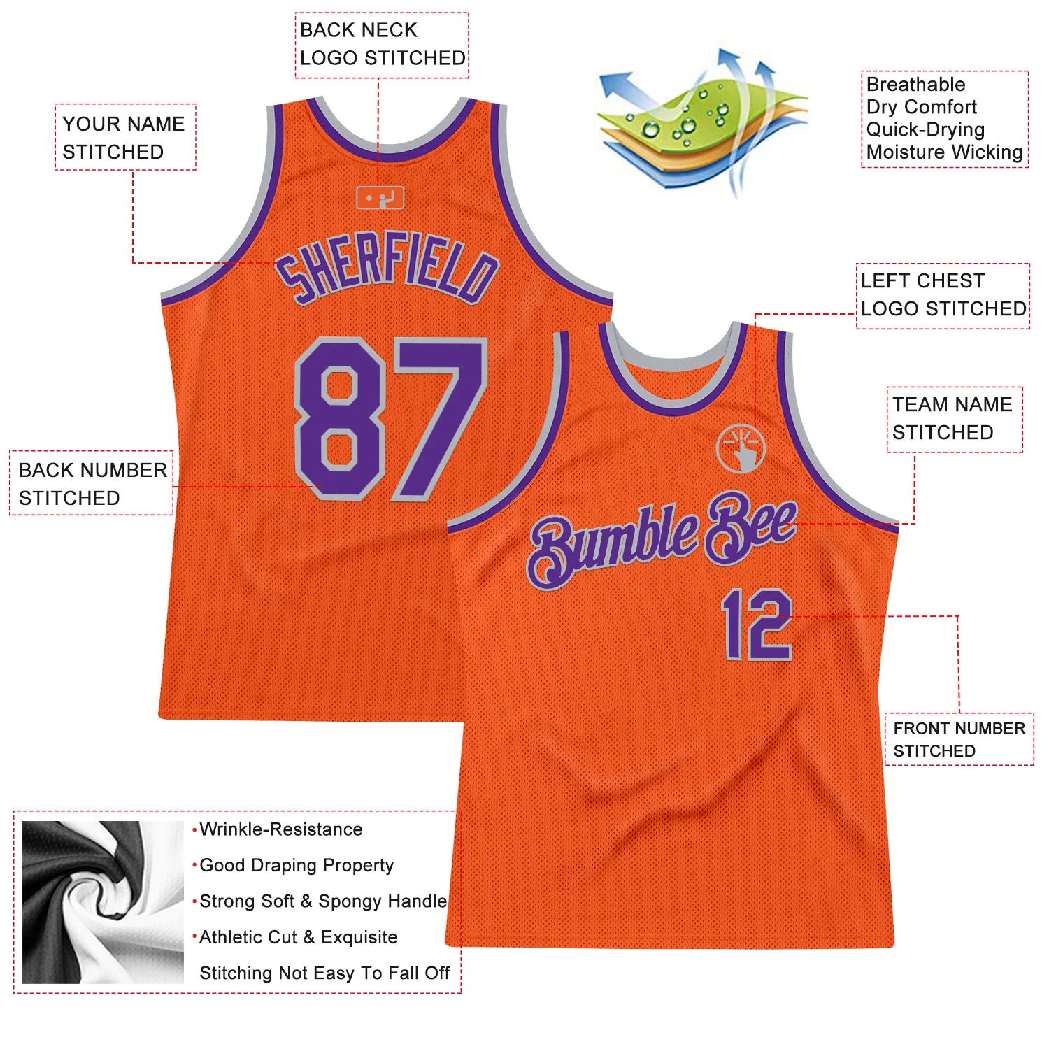 Custom Orange Purple-Gray Authentic Throwback Basketball Jersey
