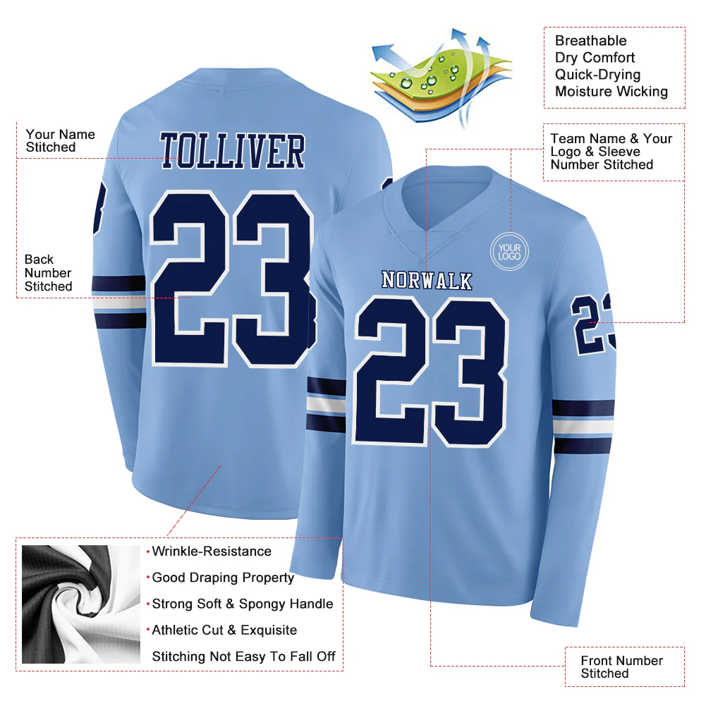 Custom Light Blue Navy-White Long Sleeve Authentic Football Jersey