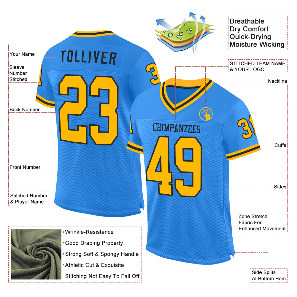 Custom Powder Blue Gold-Black Mesh Authentic Throwback Football Jersey