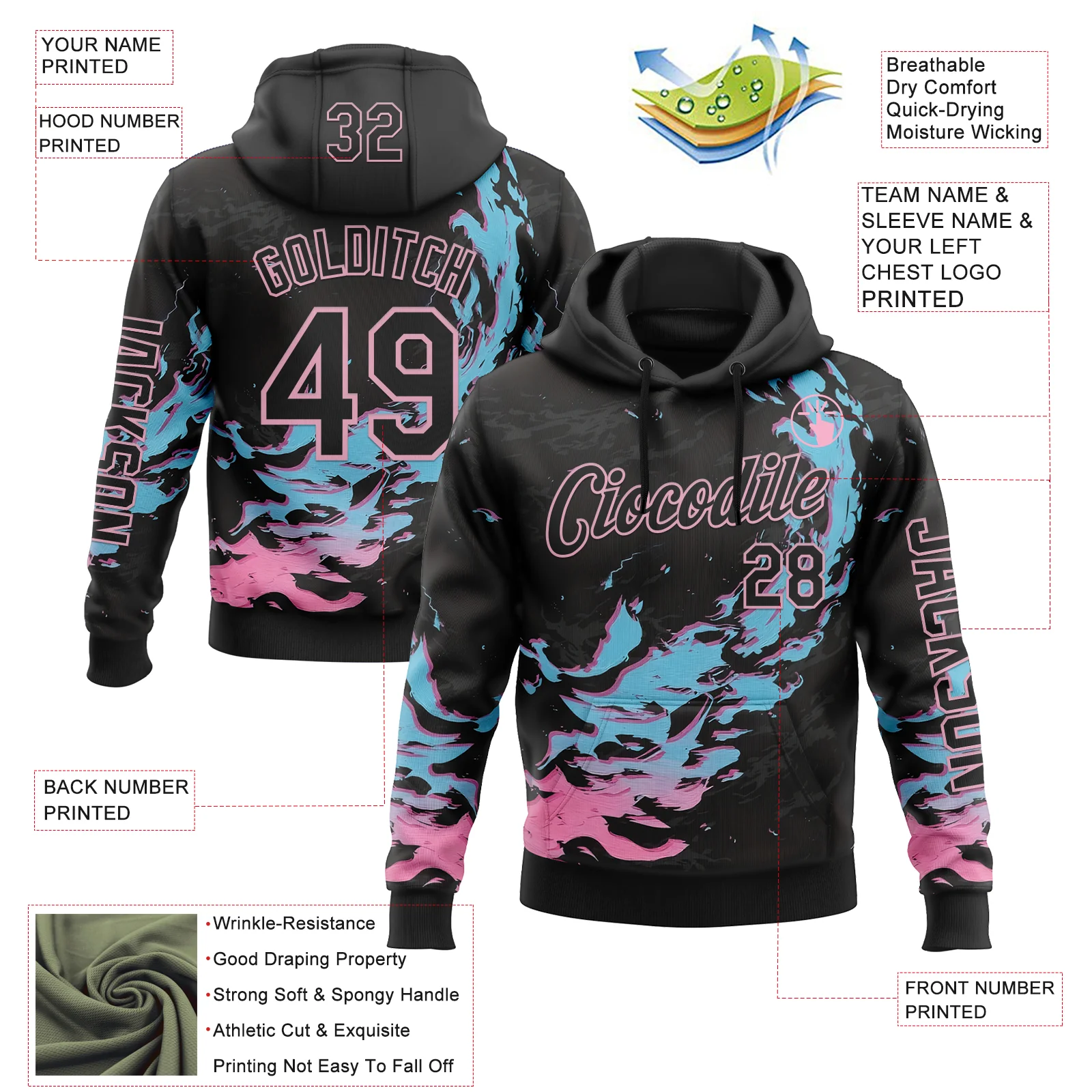 Custom Black Blue-Light Pink 3D Abstract Flame Sports Pullover Sweatshirt Hoodie