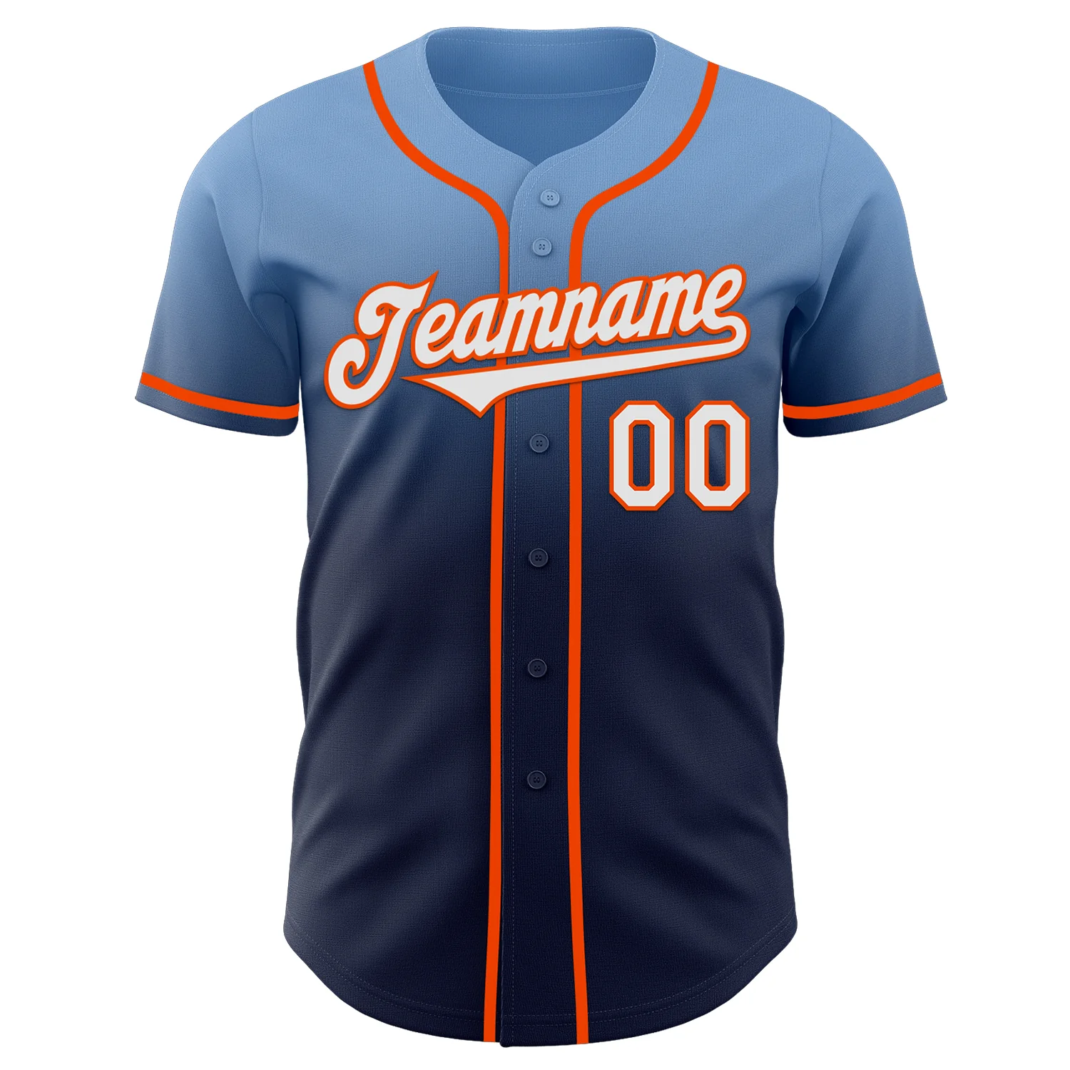 Custom Light Blue Navy-Orange Authentic Fade Fashion Baseball Jersey