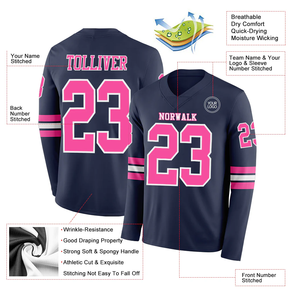 Custom Navy Pink-White Long Sleeve Authentic Football Jersey