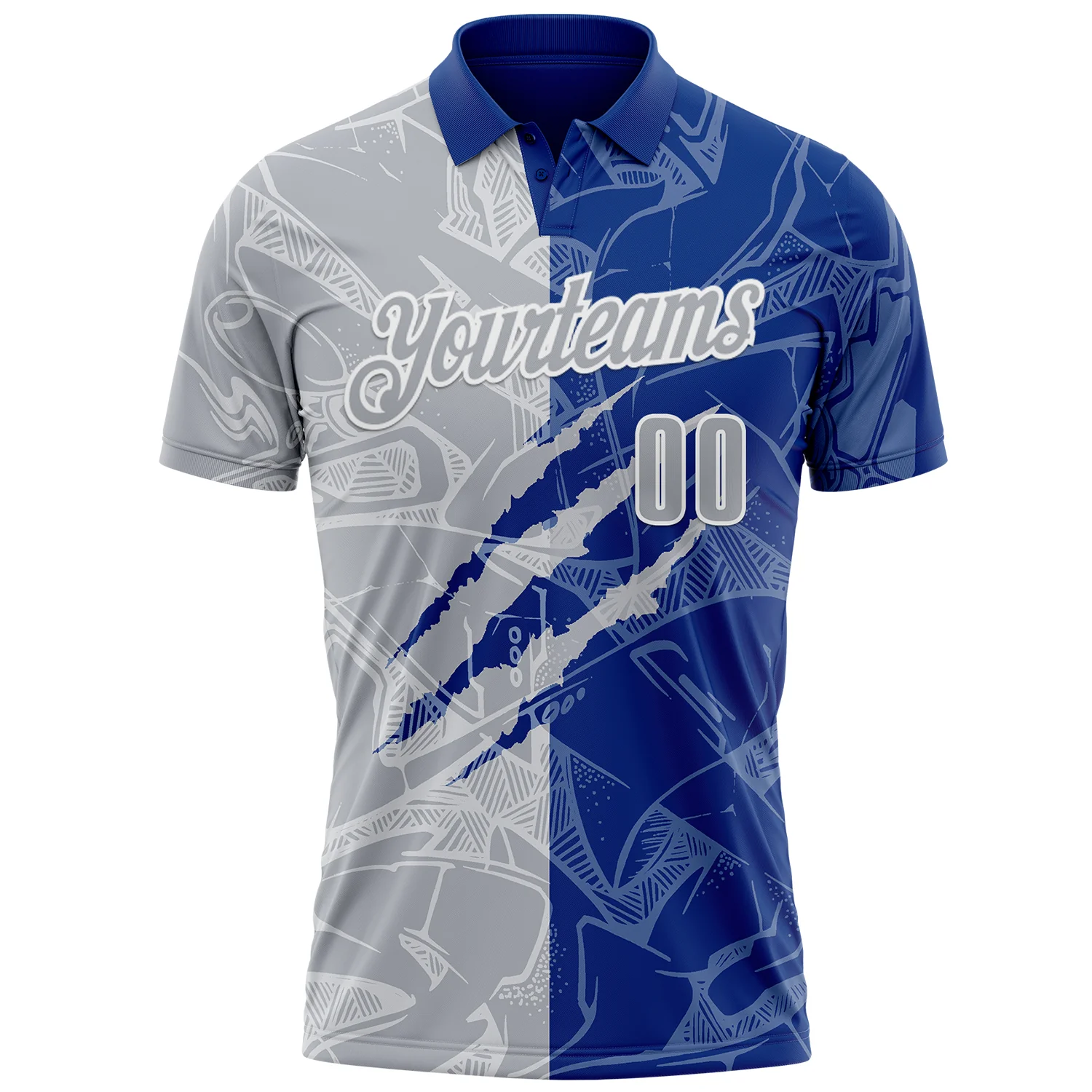 Custom Graffiti Pattern Gray Royal-White 3D Scratch Performance Polo Shirt