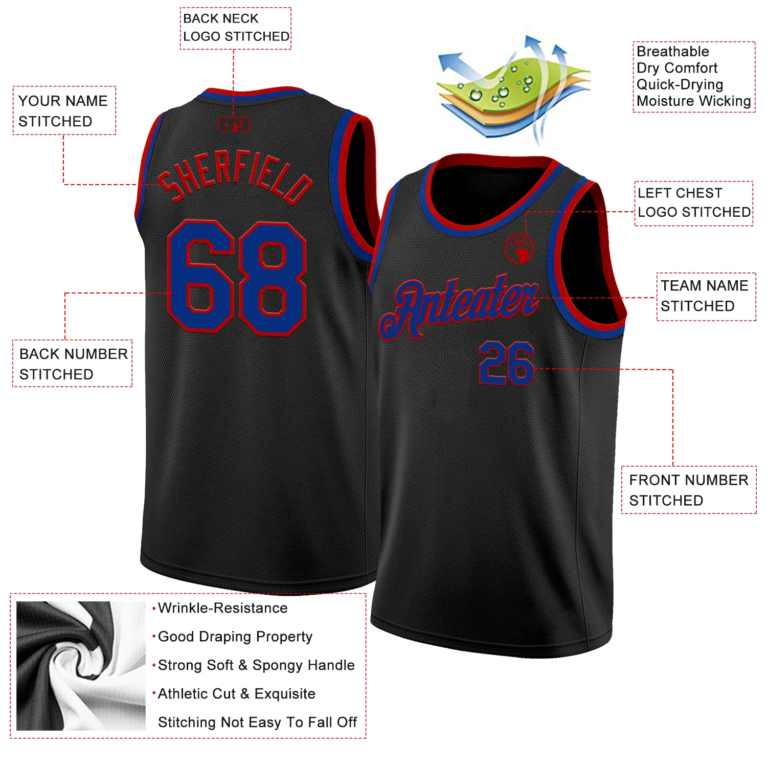 Custom Black Royal-Red Authentic Basketball Jersey