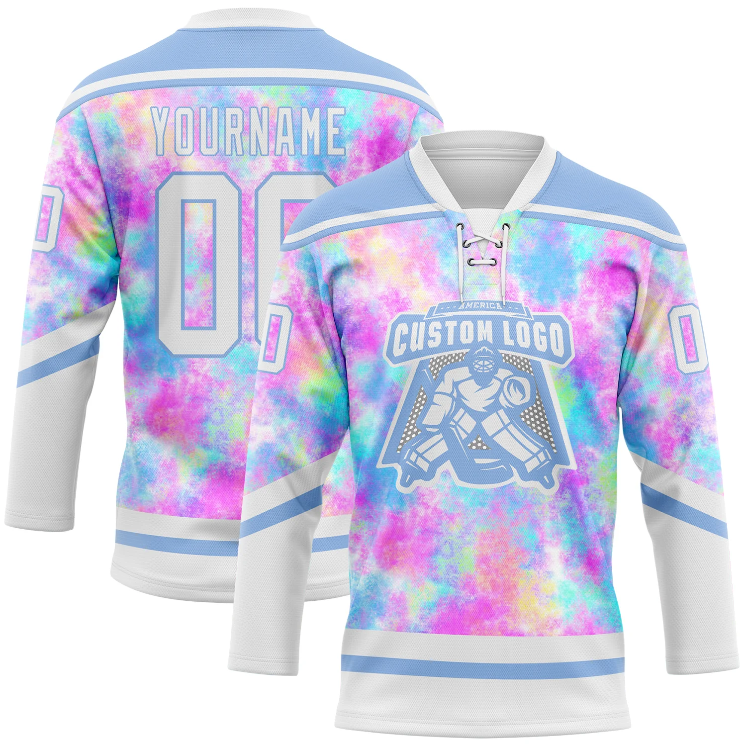 Custom Tie Dye White-Light Blue 3D Pattern Spalsh Art Hockey Lace Neck Jersey
