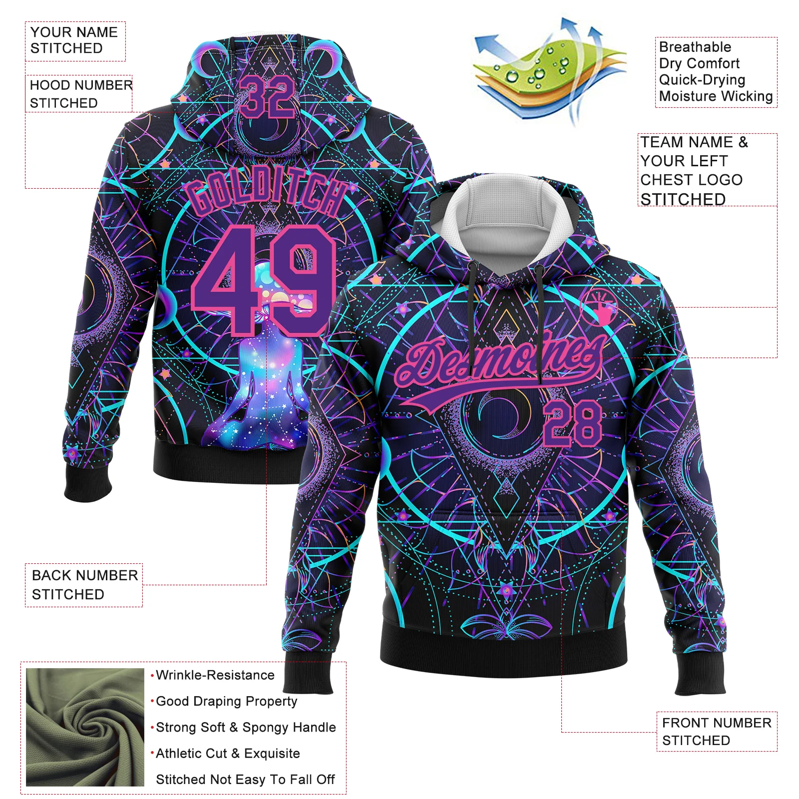 Custom Stitched Black Purple-Pink 3D Pattern Design Magic Mushrooms Over Sacred Geometry Psychedelic Hallucination Sports Pullover Sweatshirt Hoodie