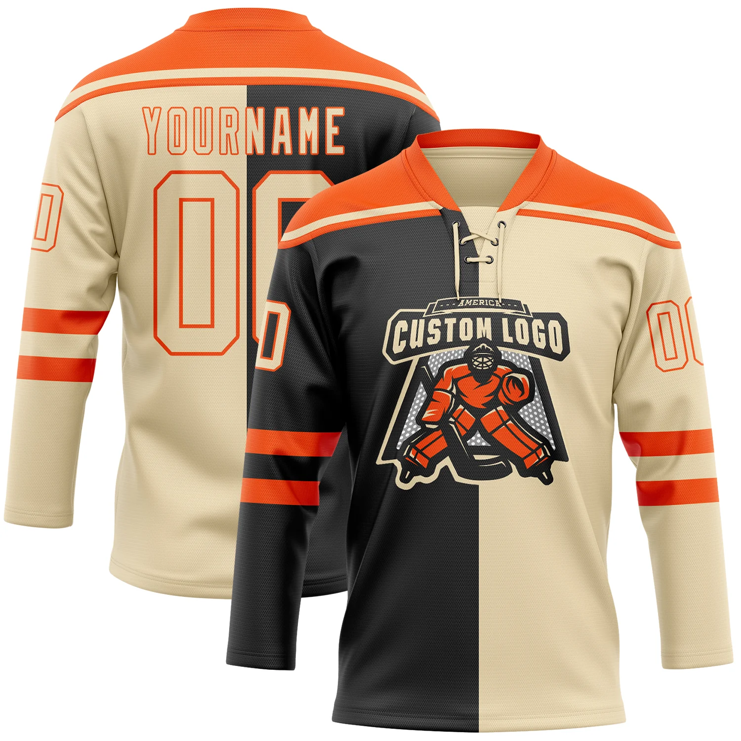 Custom Cream Black-Orange Split Fashion Hockey Lace Neck Jersey