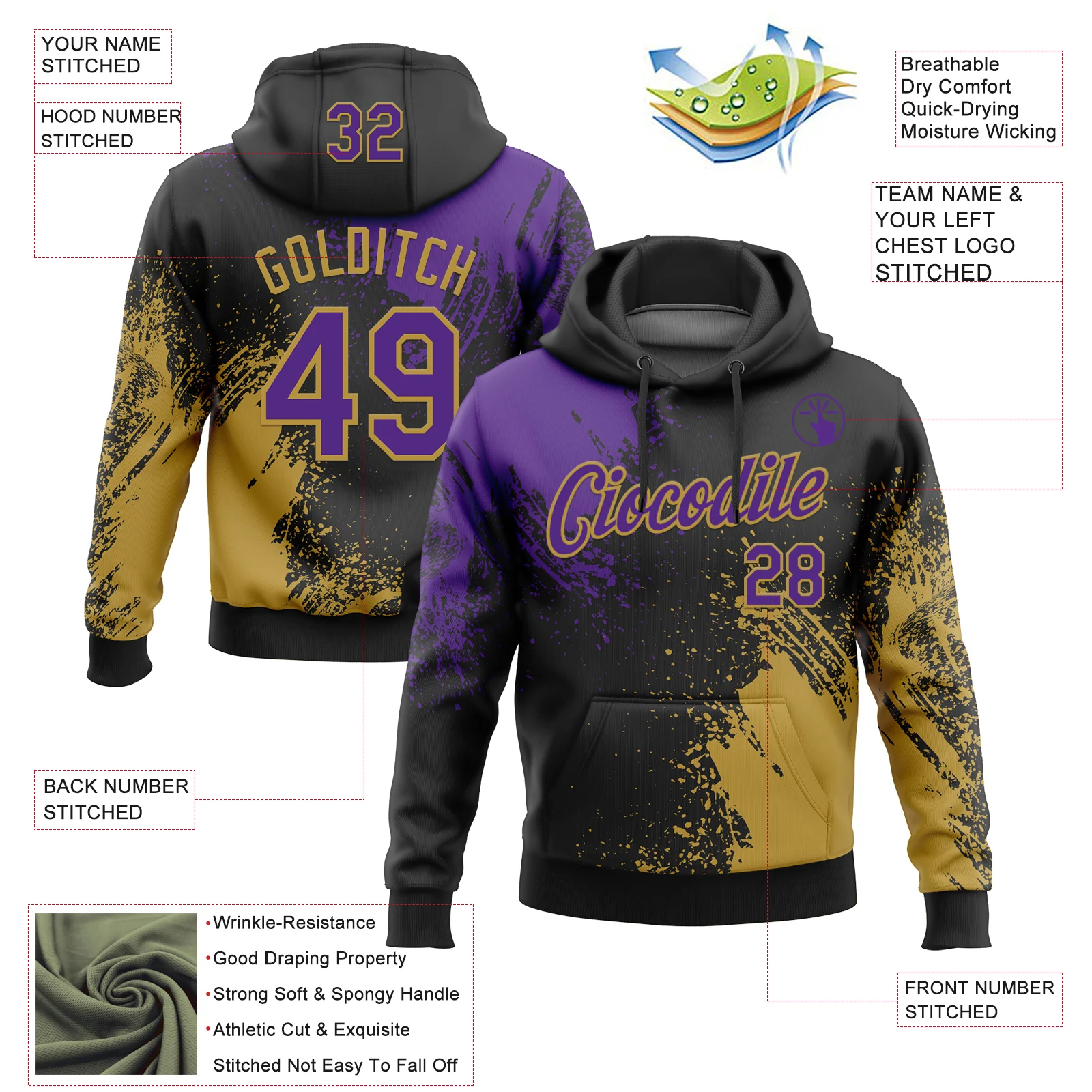 Custom Stitched Black Purple-Old Gold 3D Pattern Design Abstract Brush Stroke Sports Pullover Sweatshirt Hoodie