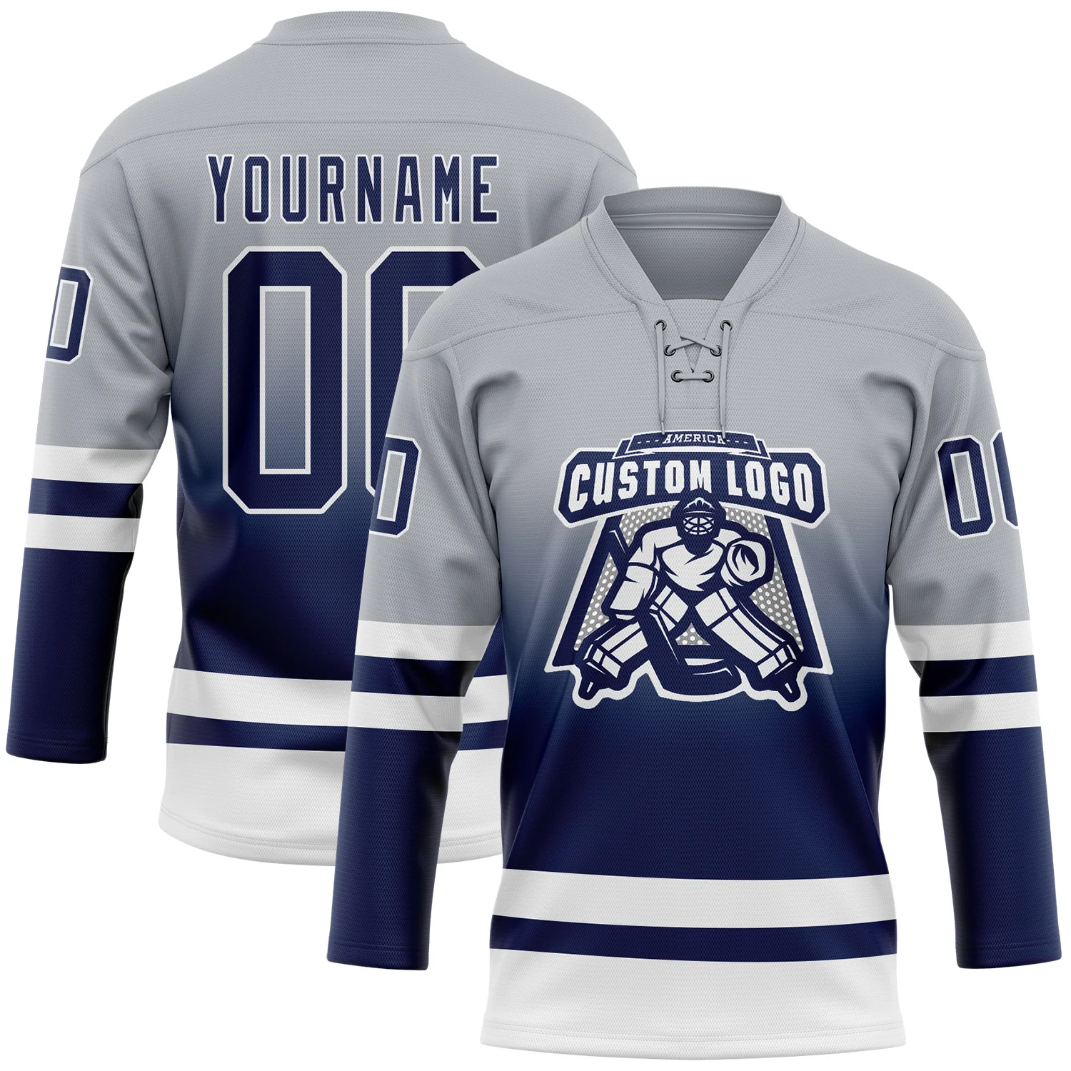 Custom Gray Navy-White Fade Fashion Hockey Lace Neck Jersey
