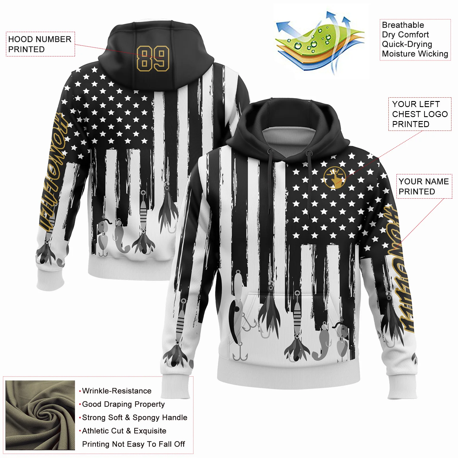 Custom Black Old Gold-White 3D American Flag And Fish Hook Fishing Bait Sports Pullover Sweatshirt Hoodie