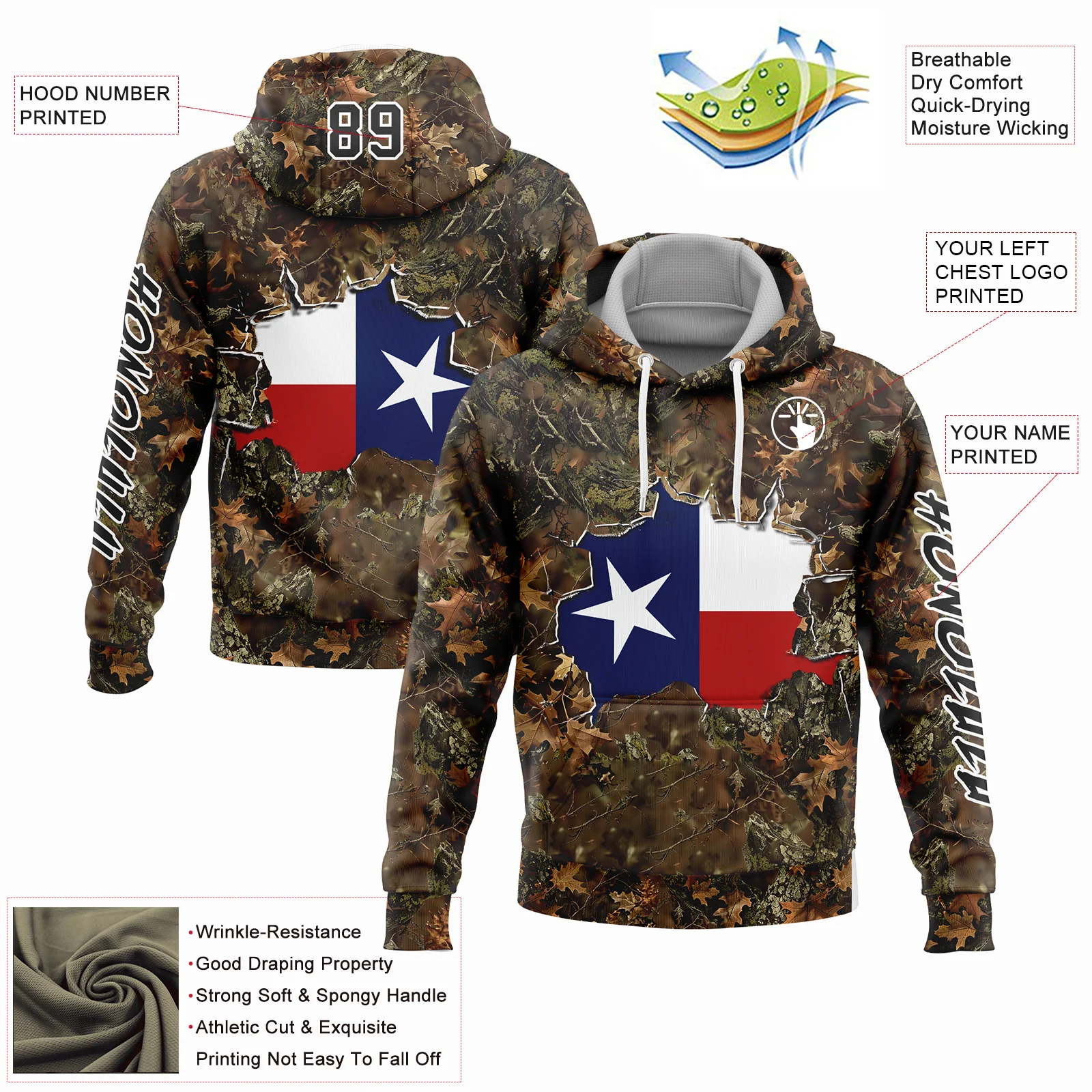 Custom Camo Black-White 3D Texas Flag And Hunting Sports Pullover Sweatshirt Hoodie