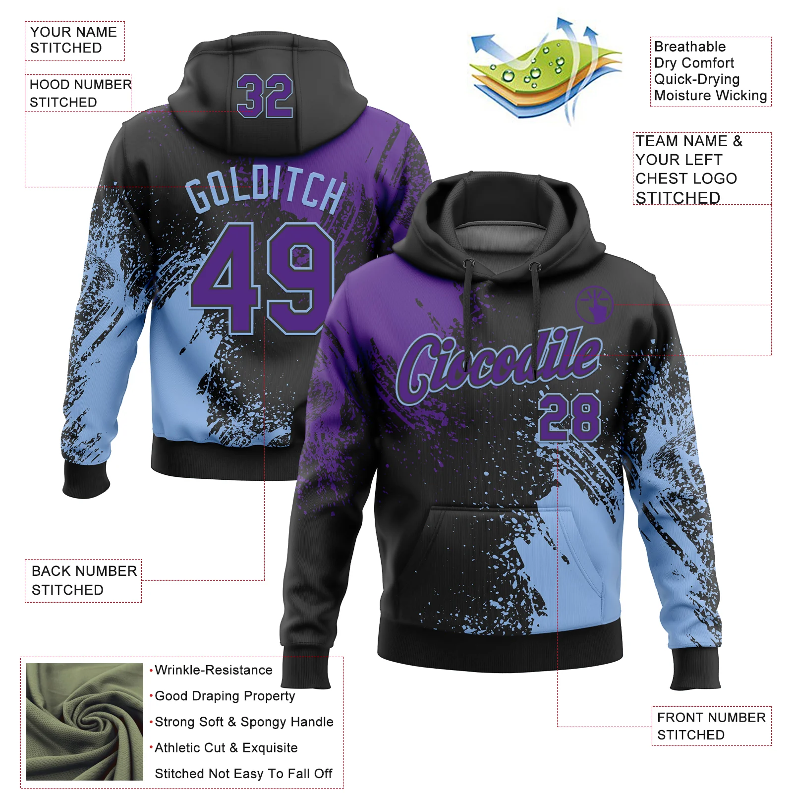 Custom Stitched Black Purple-Light Blue 3D Pattern Design Abstract Brush Stroke Sports Pullover Sweatshirt Hoodie