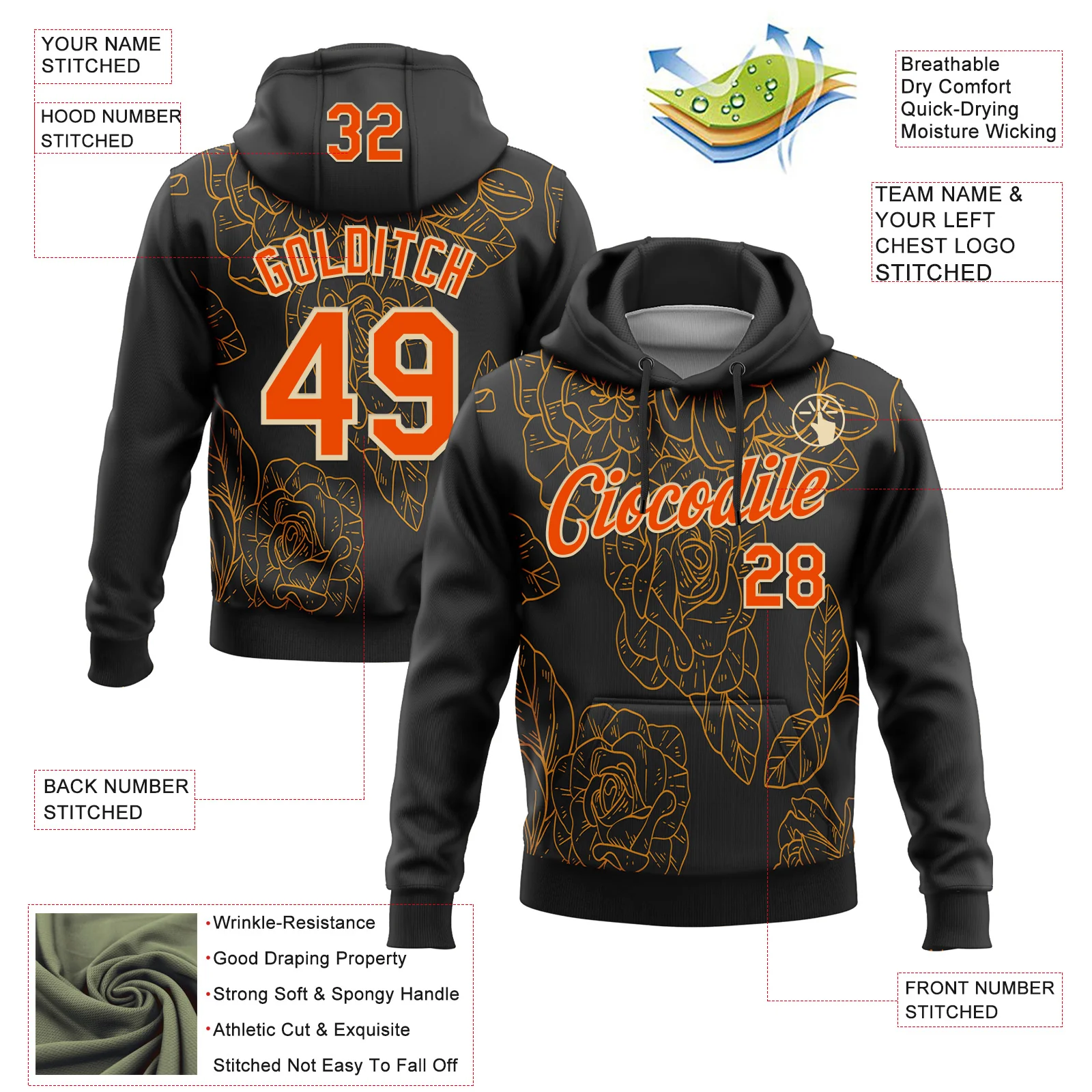 Custom Stitched Black Orange-Cream 3D Pattern Design Golden Subtle Floral Sports Pullover Sweatshirt Hoodie