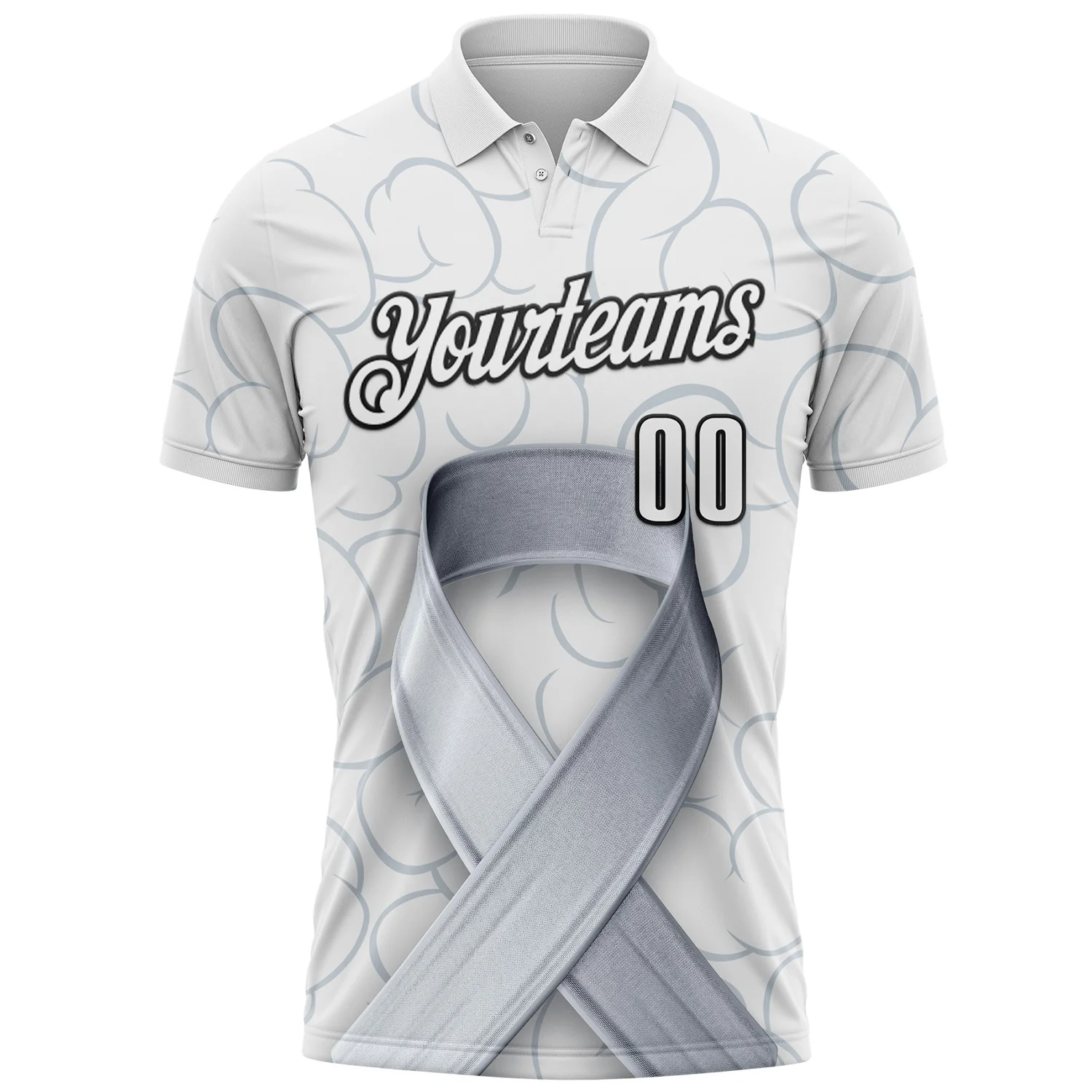 Custom White Black 3D Pattern Design Gray Ribbon Brain Cancer Cancer Awareness Performance Polo Shirt