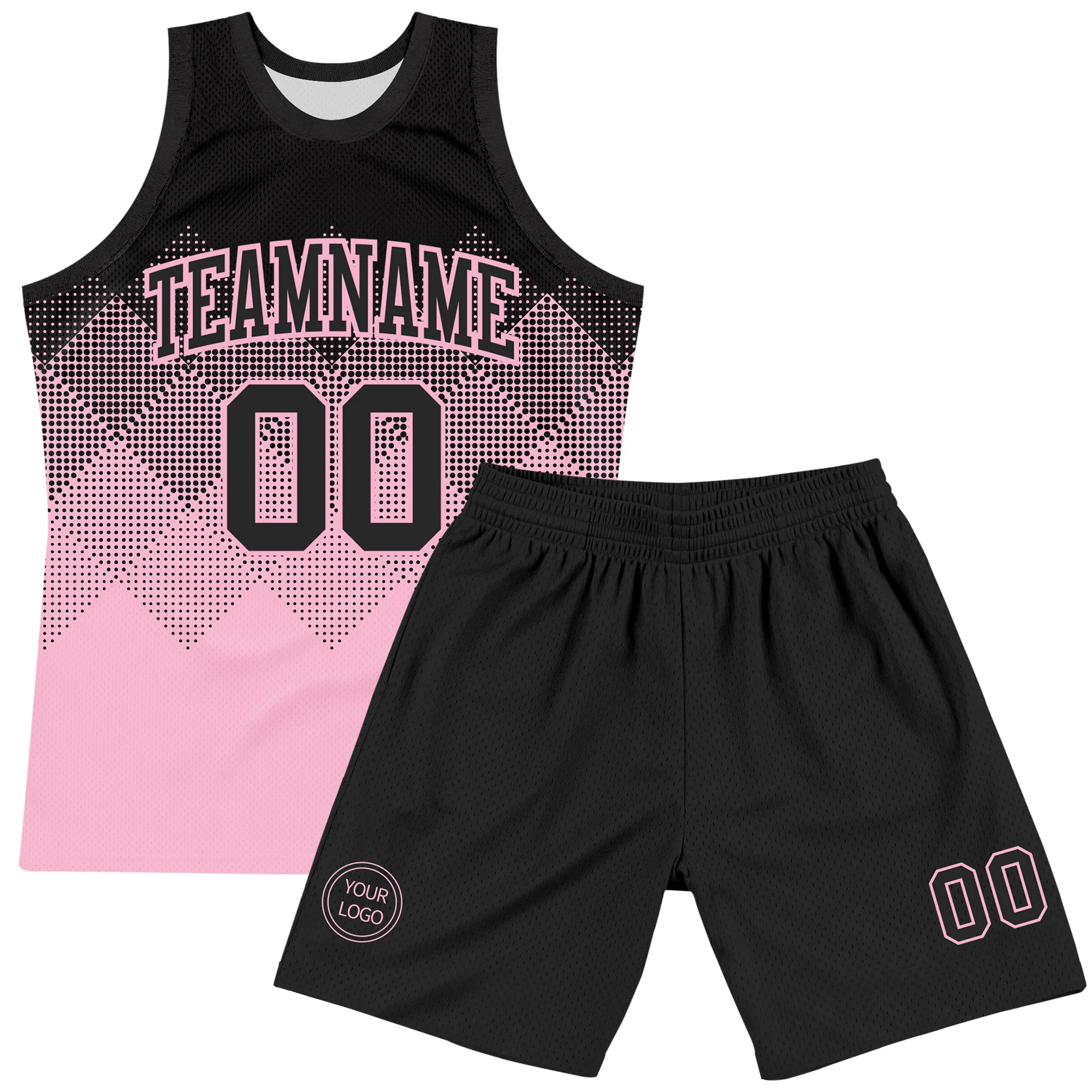 Custom Black Light Pink Gradient Square Shapes Round Neck Sublimation Basketball Suit Jersey
