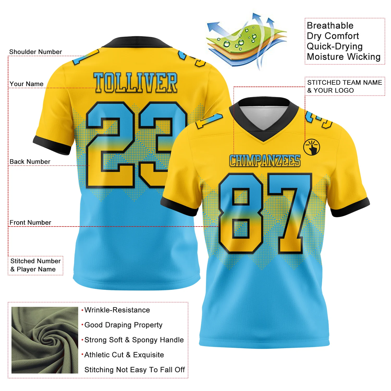Custom Yellow Sky Blue-Black Authentic Gradient Square Shape Flag Football Jersey