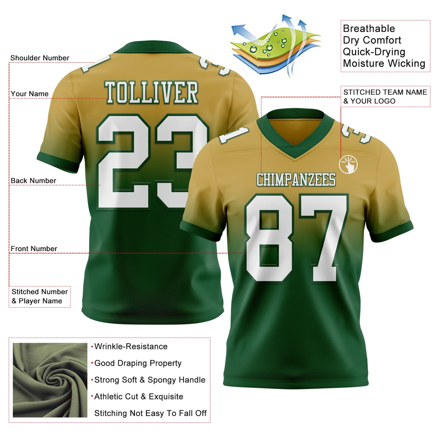 Custom Old Gold White-Green Authentic Fade Fashion Football Jersey
