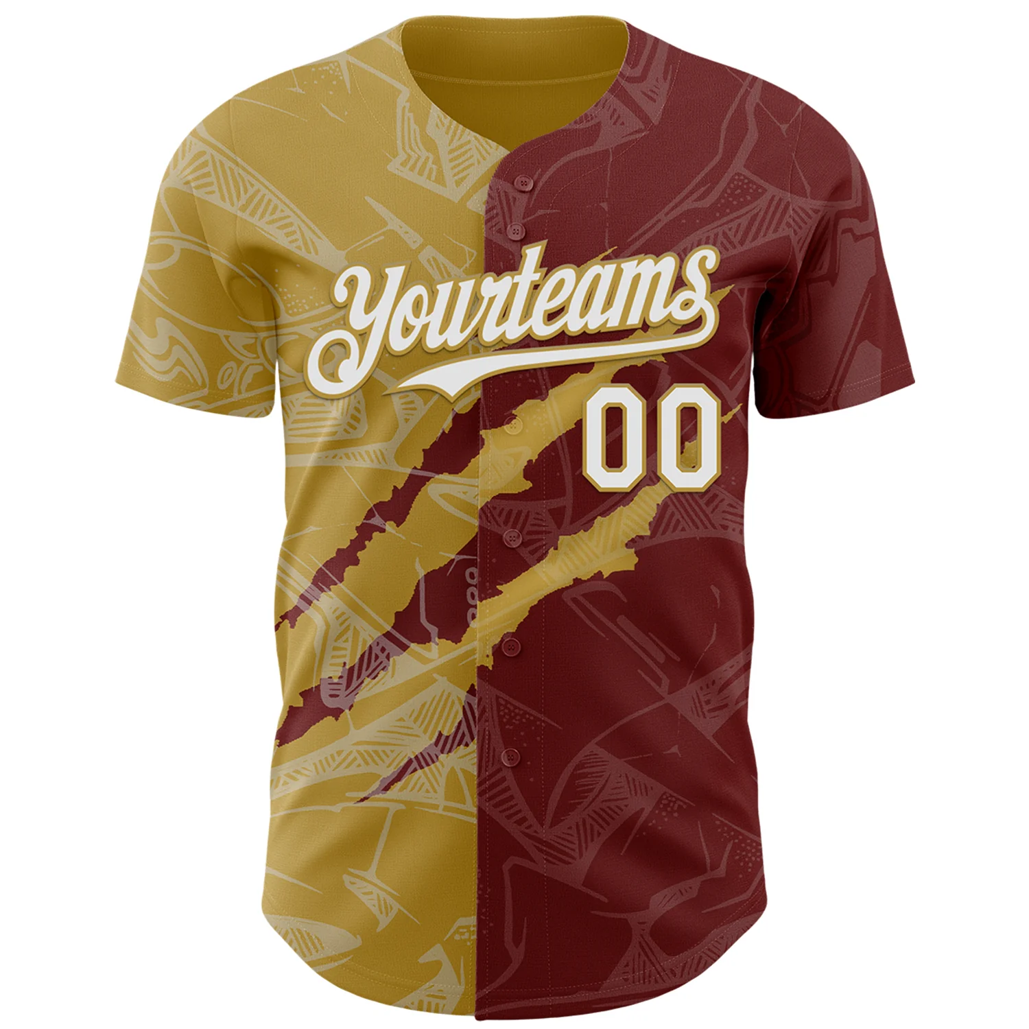 Custom Graffiti Pattern White Burgundy-Old Gold 3D Scratch Authentic Baseball Jersey