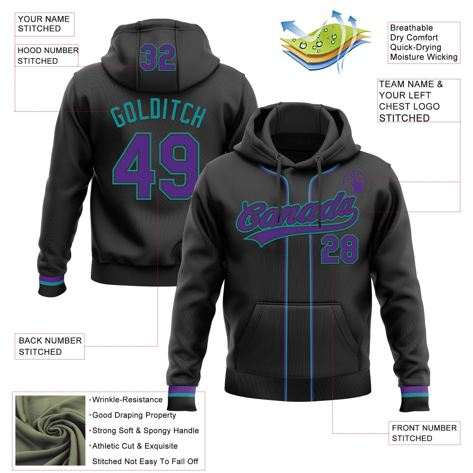 Custom Stitched Black Purple-Teal Baseball Pullover Sweatshirt Hoodie