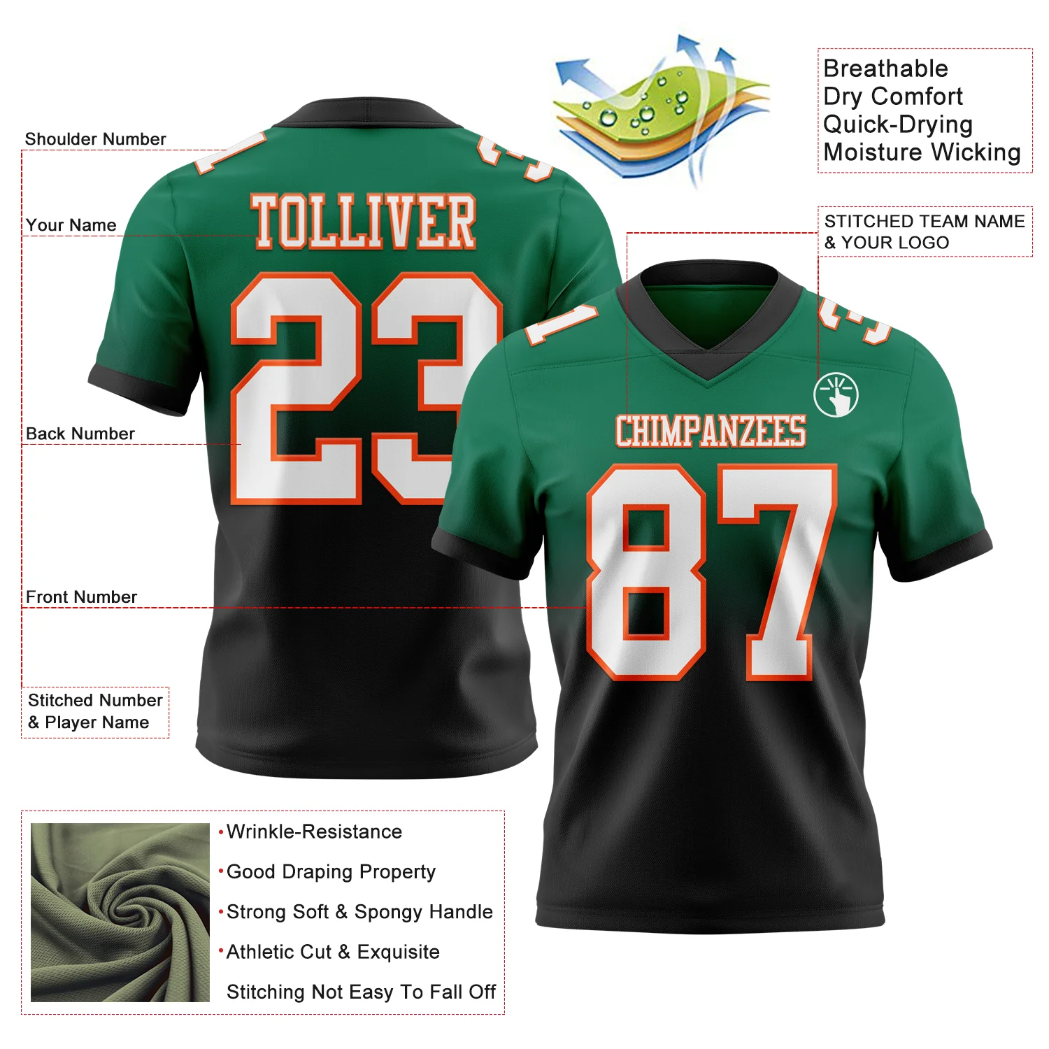 Custom Kelly Green White Black-Orange Authentic Fade Fashion Football Jersey