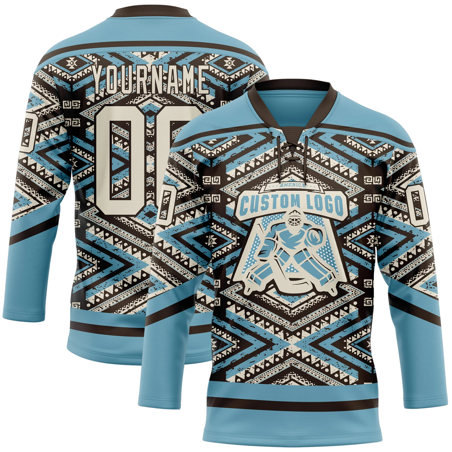 Custom Shadow Blue Cream-Brown 3D Pattern Tribal Indigenous Grunge Geometric Splash Hockey Lace Neck Jersey