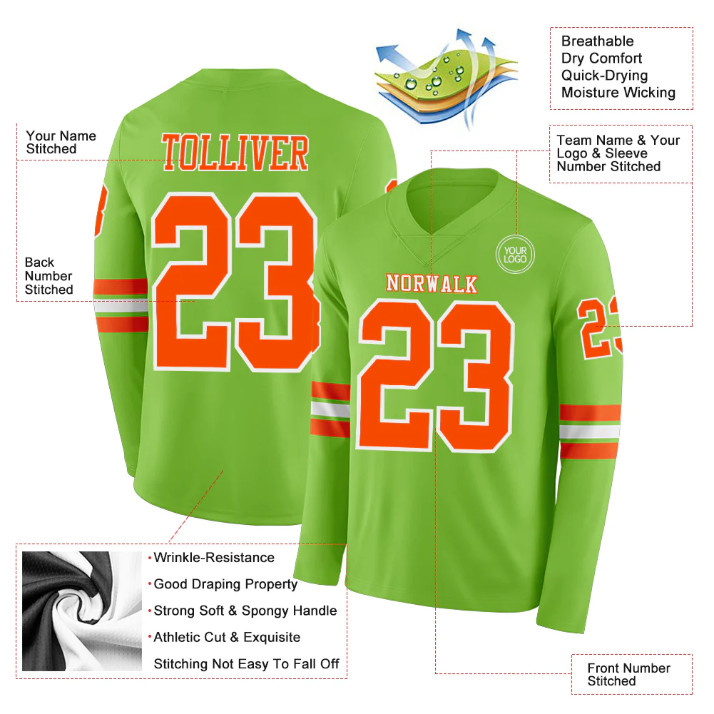 Custom Neon Green Orange-White Long Sleeve Authentic Football Jersey