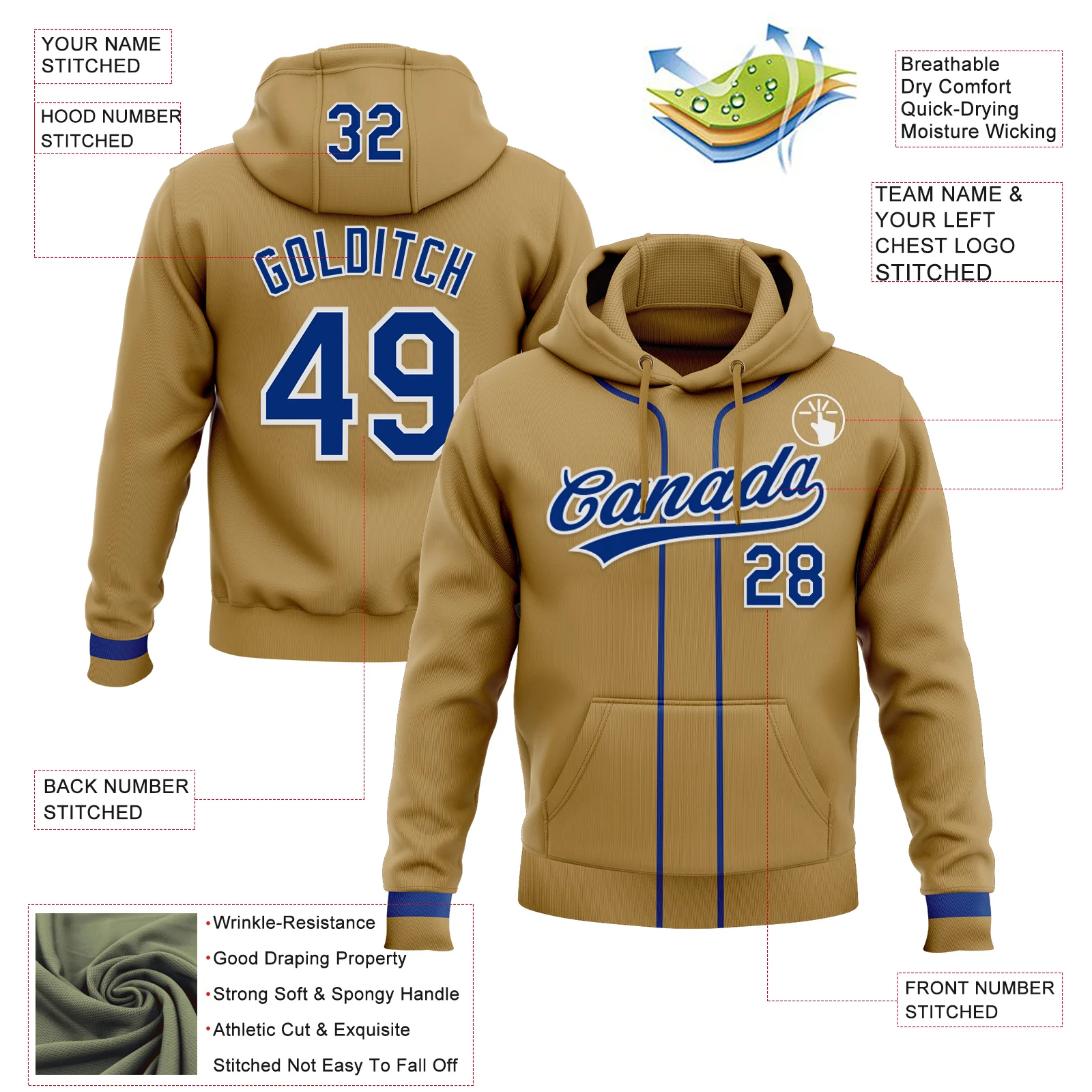 Custom Stitched Old Gold Royal-White Baseball Pullover Sweatshirt Hoodie