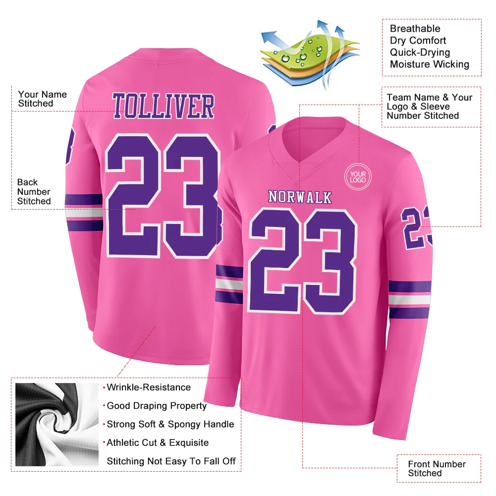 Custom Pink Purple-White Long Sleeve Authentic Football Jersey