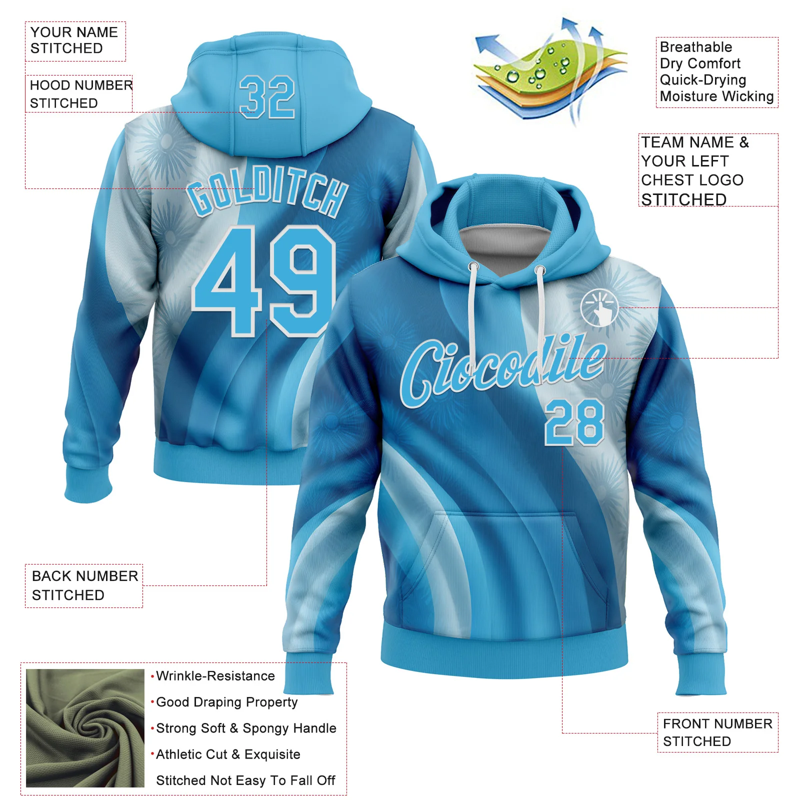 Custom Stitched Blue Sky Blue-White 3D Pattern Design Argentine Inspired Subtle Floral Sportswear Pullover Sweatshirt Hoodie