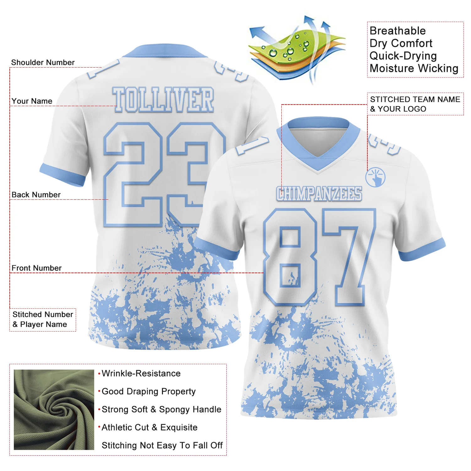 Custom White Light Blue 3D Pattern Splash Authentic Football Jersey