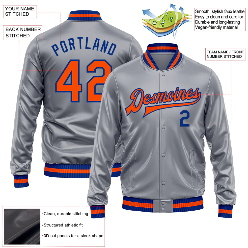 Custom Gray Orange-Royal Bomber Full-Snap Varsity Faux Leather Letterman Jacket