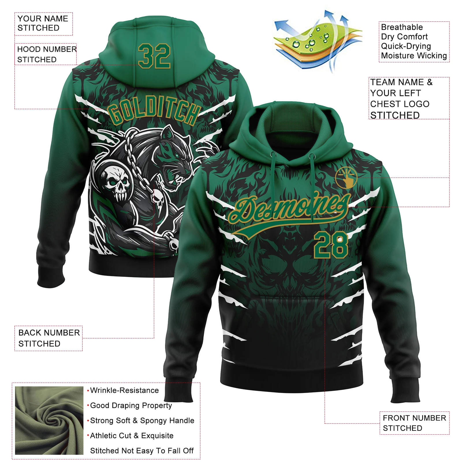 Custom Stitched Black Kelly Green-Old Gold 3D Pattern Design Leopardo Sports Pullover Sweatshirt Hoodie