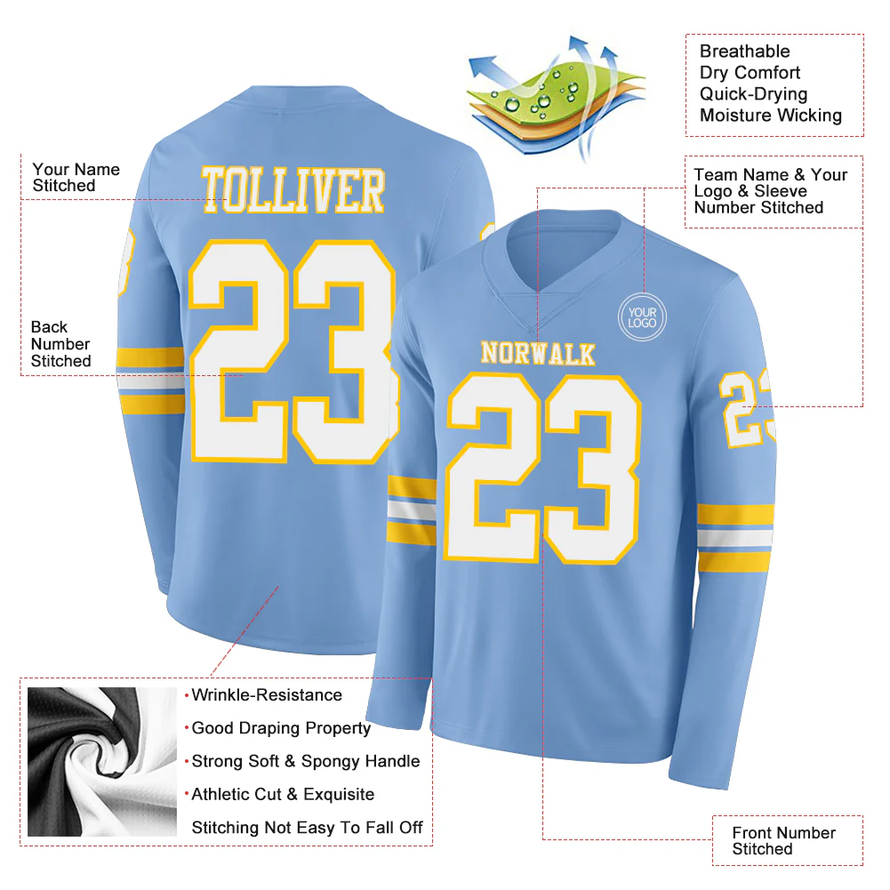 Custom Light Blue White-Yellow Long Sleeve Authentic Football Jersey